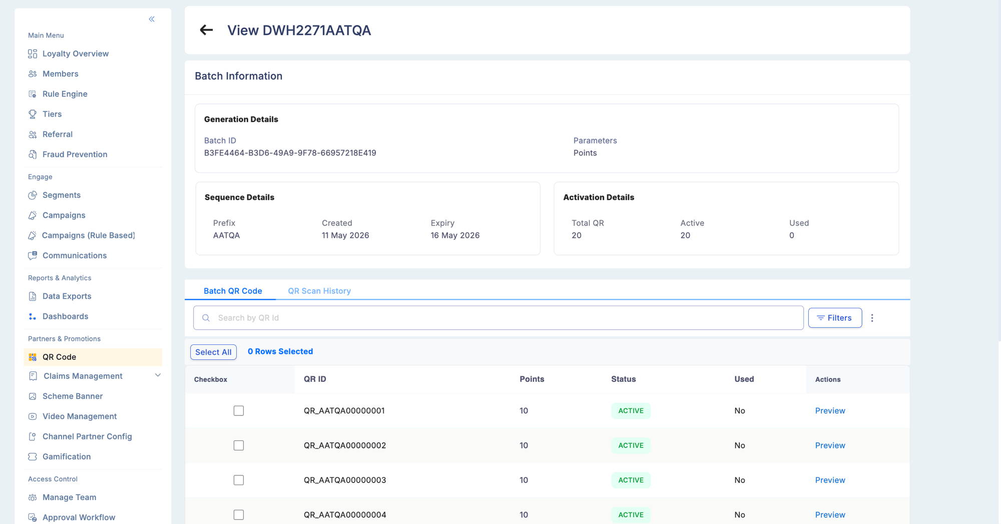 QR Code Batch Detail view showing Batch Information panel (parameters, expiry date, redirect URL), Sequence Details section, Activation Details, and a paginated table of individual codes with their status (active, used, or disabled) and redemption timestamps