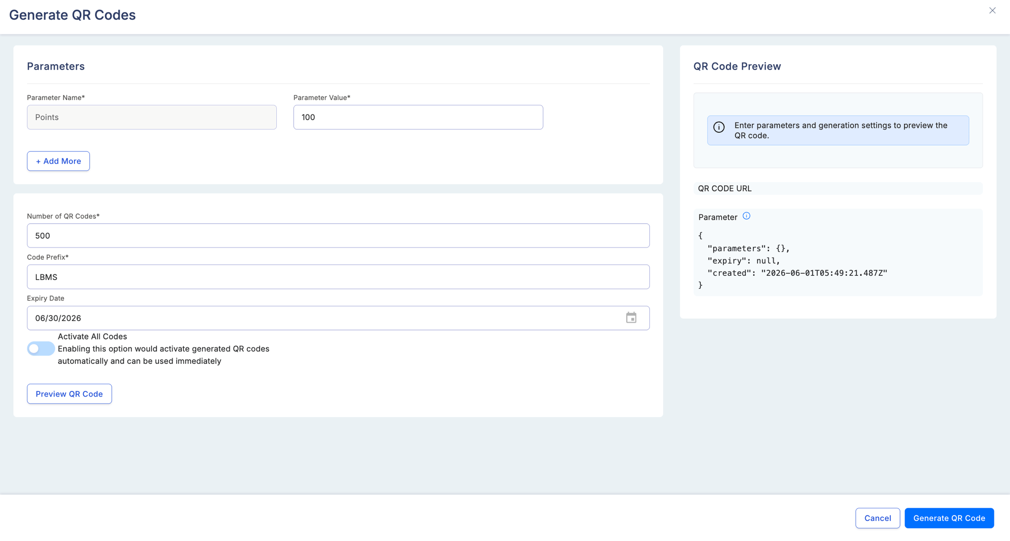 Generate QR Codes form showing Parameters section with key-value fields, Number of Codes input, Code Prefix field, Expiry Date picker, Base Redirect URL field, and a QR Code Preview panel on the right displaying a sample generated code