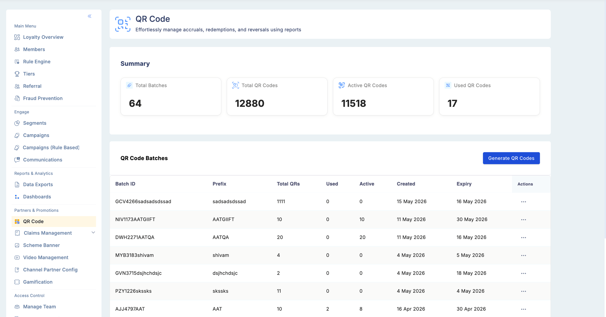 QR Code Summary screen showing Total Batches, Total QR Codes, Used QR Codes, and Active QR Codes summary cards at the top, followed by the QR Code Batches list with Batch ID, Creation Date, Expiry Date, Total Codes, Used Codes, Active Codes, and Actions columns