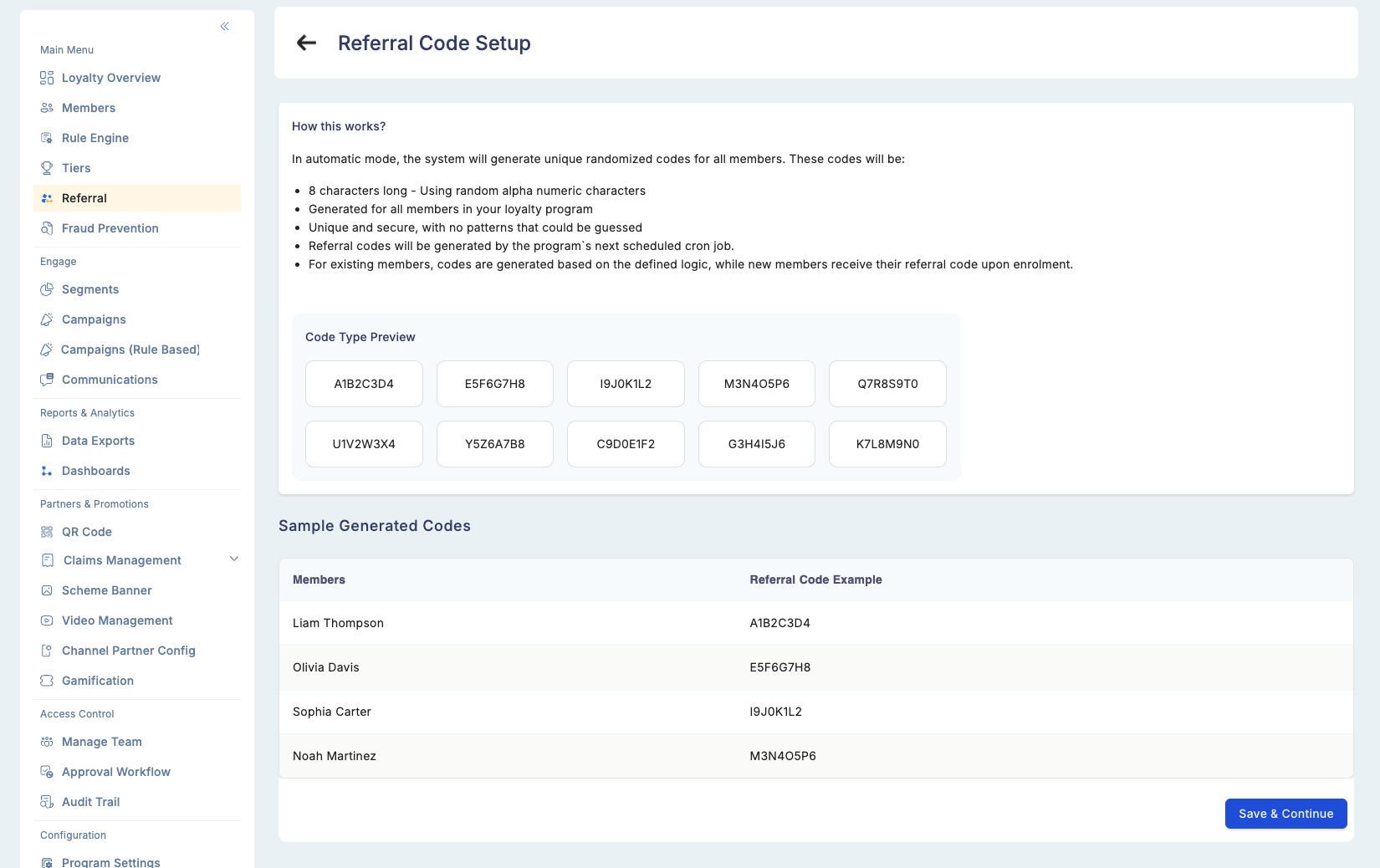 Referral Code Setup screen showing Automatic mode selected, Auto-generate for New Enrollments toggle enabled, Bulk Generate button, and a preview table of sample referral codes assigned to members