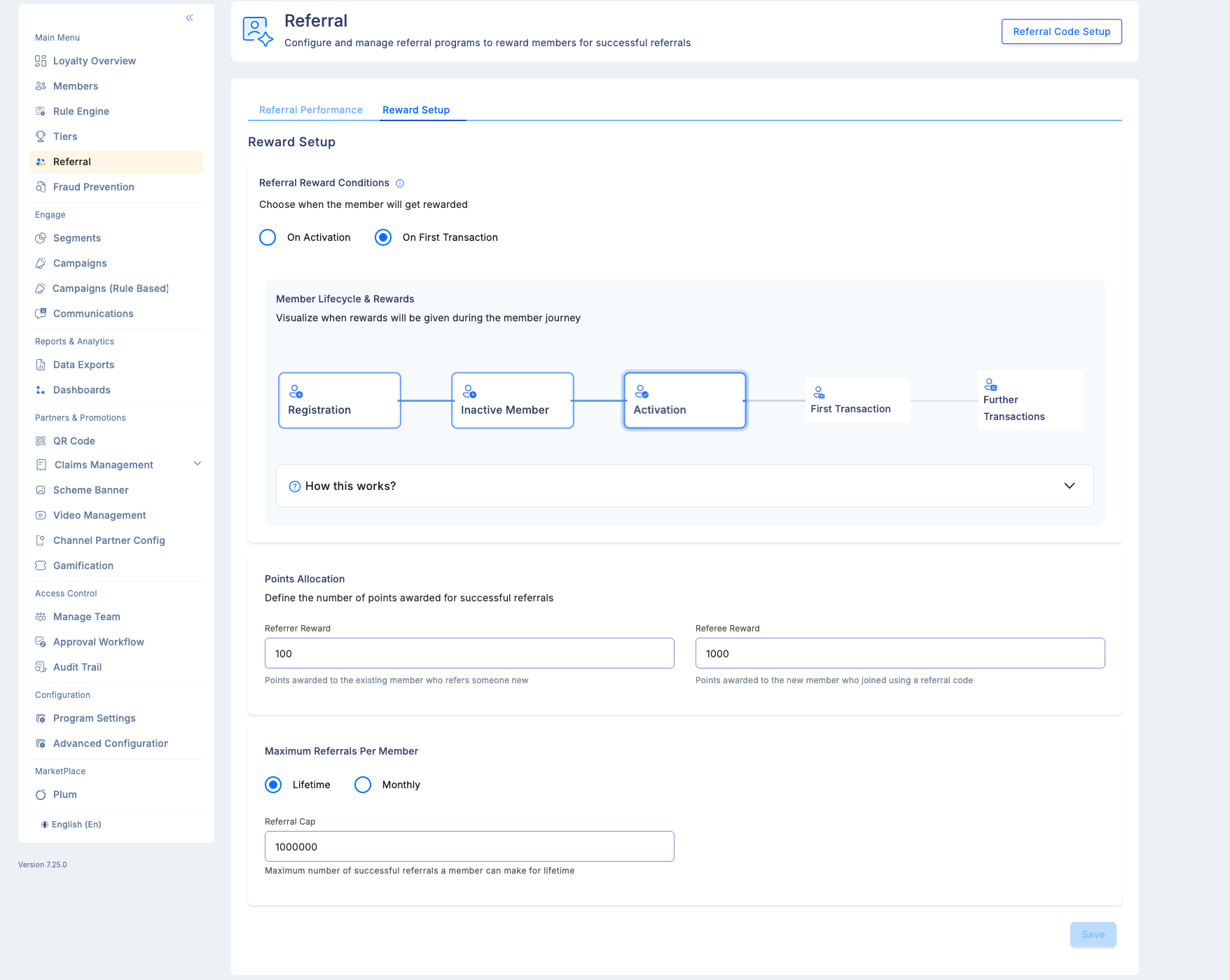 Referral Reward Setup tab showing On Activation and On First Transaction trigger options, member lifecycle flow diagram illustrating the referral journey from code share to reward credit, and the Points Allocation section with Referrer Reward and Referee Reward fields