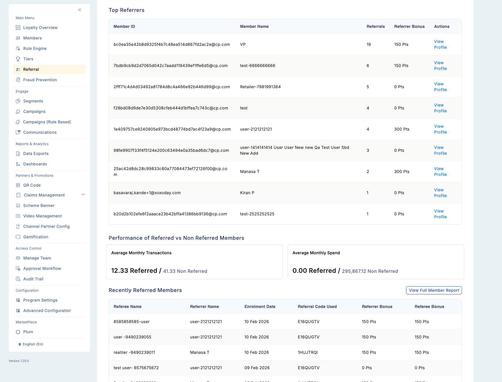 Referral dashboard lower section showing Top Referrers table with Relation Reference, Name, Total Referrals, Total Bonus Points Earned columns, and Recently Referred Members list below it