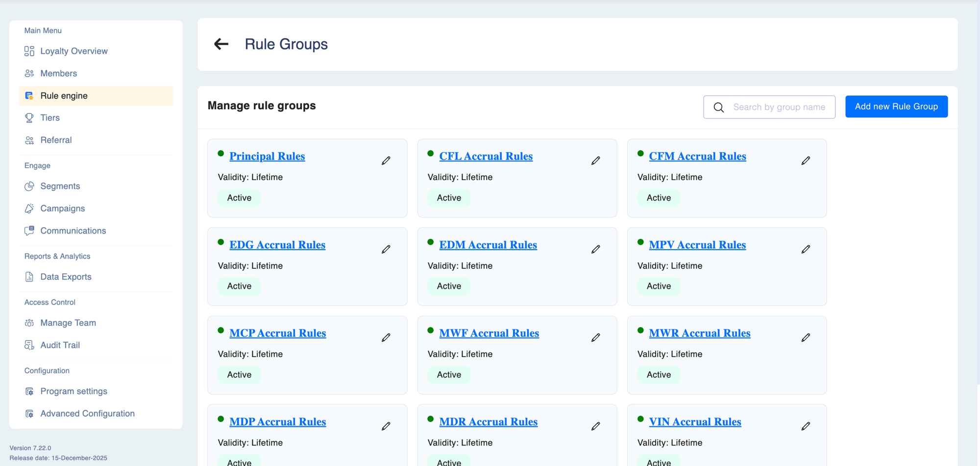 Rule Engine — Manage Rule Groups screen showing rule groups displayed as cards in a grid, each card listing the group name, linked segment, status badge (Active/Inactive), and rule count