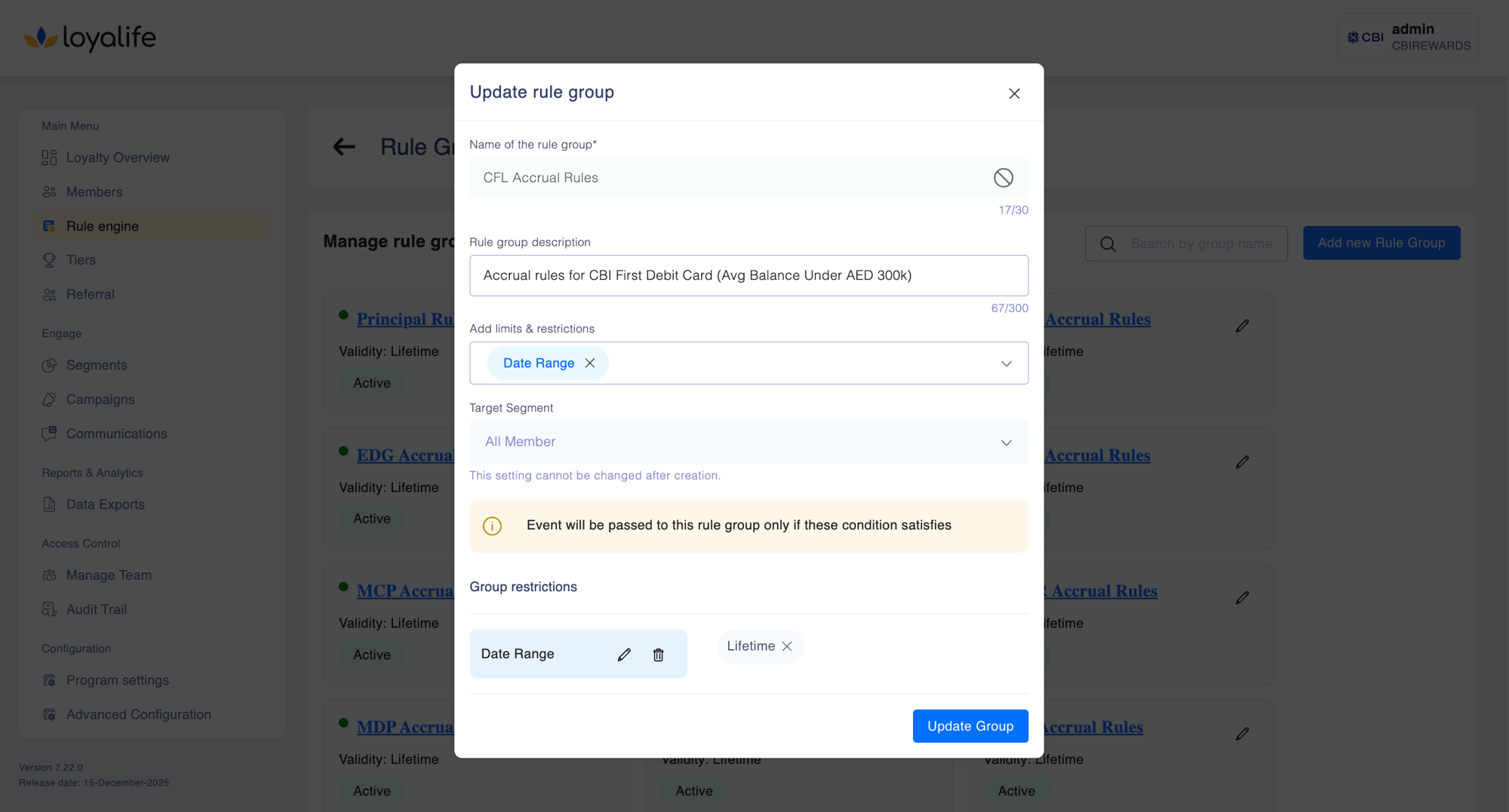 Update Rule Group modal showing Name field, Description field, Point Limit and Daily Cap inputs, Monthly Cap and Lifetime Cap fields, and a Target Segment dropdown for linking the group to a member segment