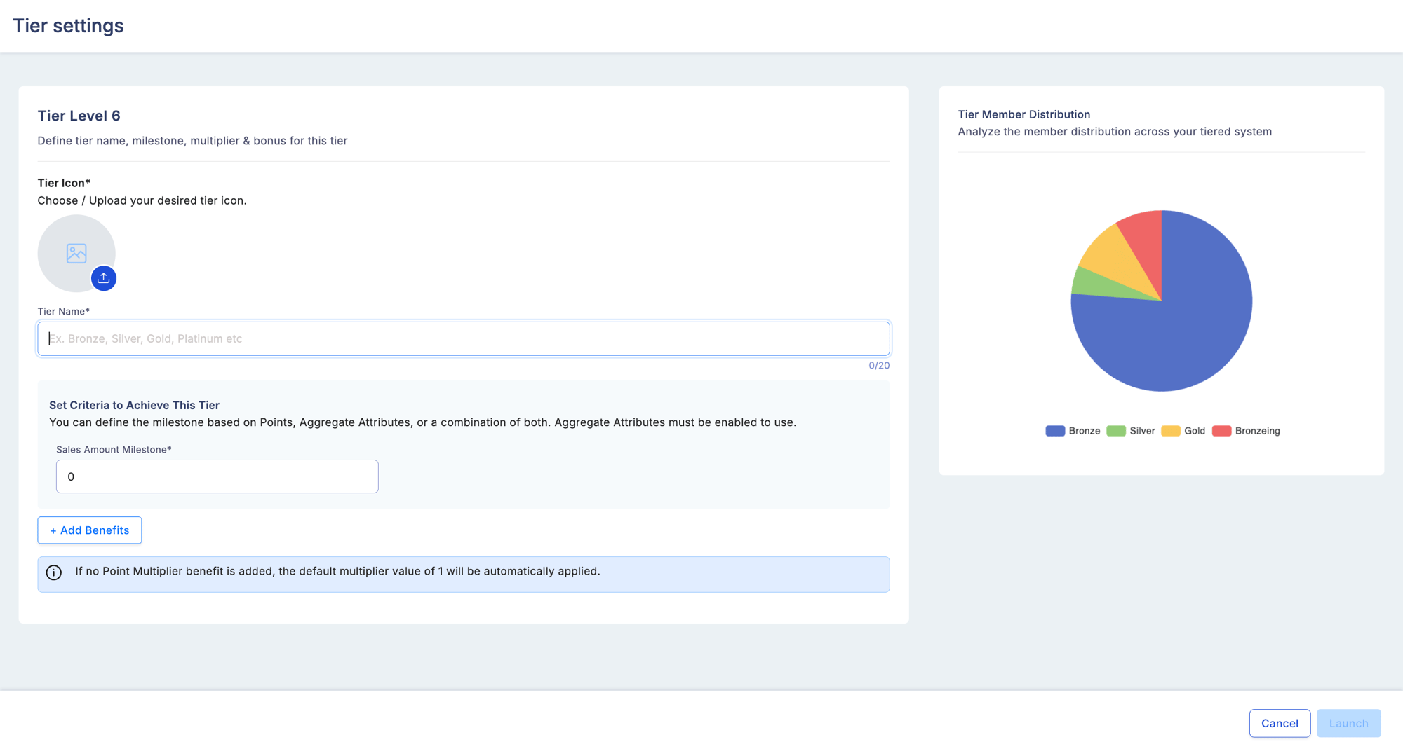 Add New Tier form showing Tier Icon upload, Tier Name field, Set Criteria section with Points Milestone input and Milestone Attribute selector, Add Benefits button, and a Tier Member Distribution pie chart on the right showing current member spread across tiers