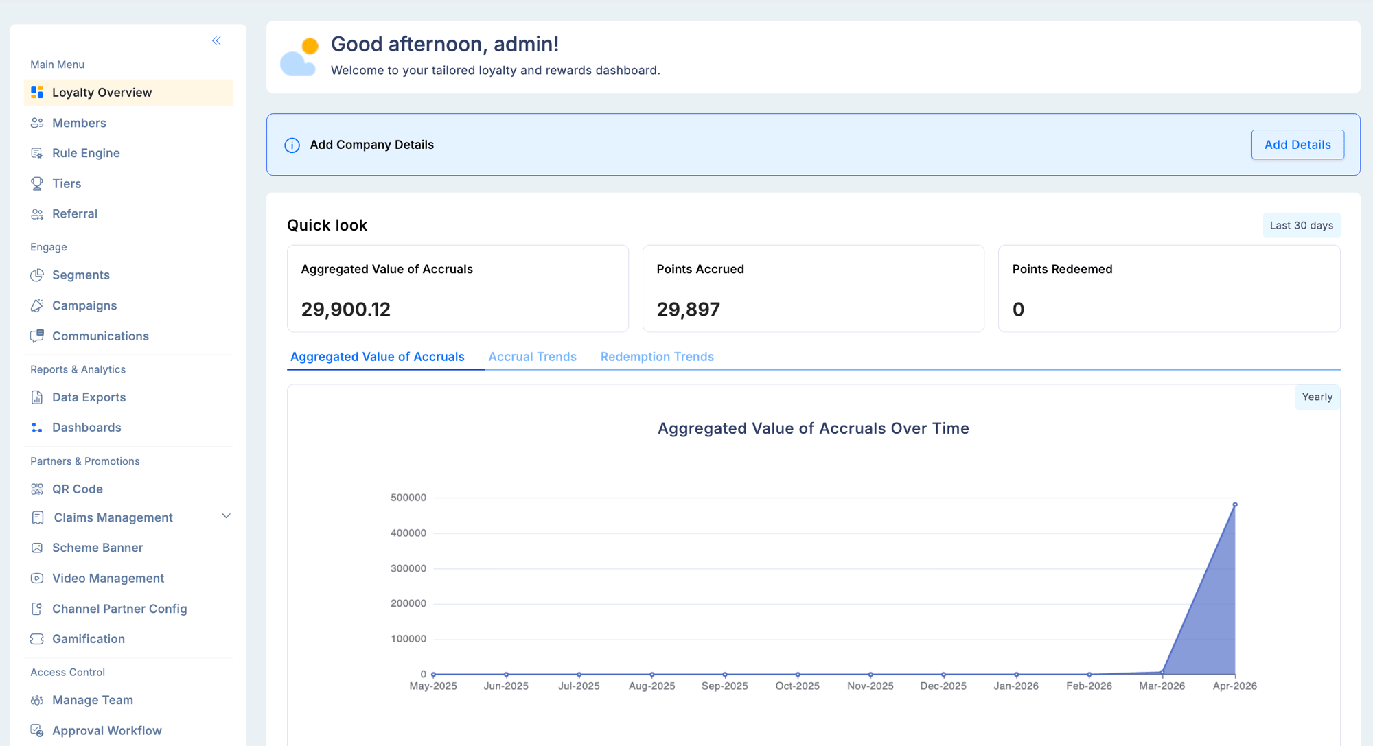 Dashboard Quick look panel showing 30-day accrual value, points accrued, points redeemed, and the aggregated value of accruals over time chart