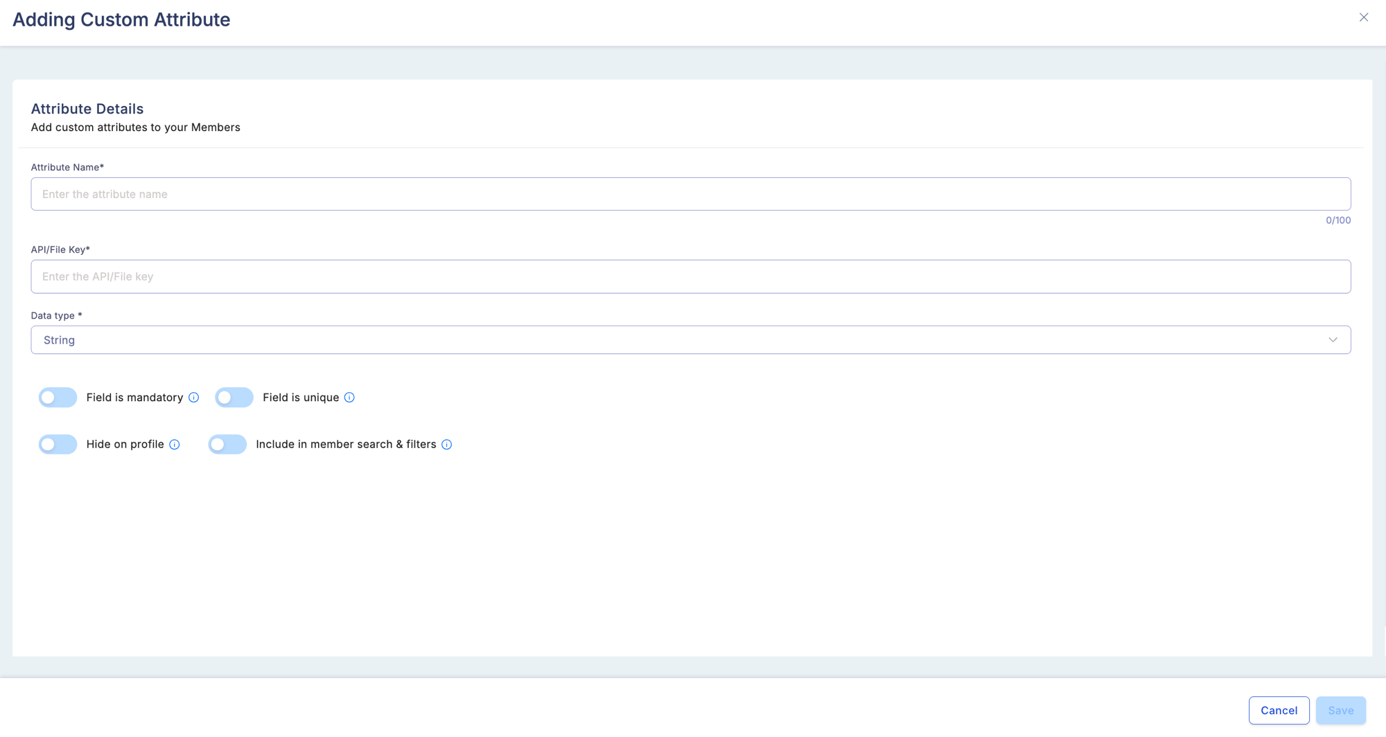 Adding Custom Attribute modal with fields for Attribute Name, API/File Key, Data Type (String), and toggles for Field is mandatory, Field is unique, Hide on profile, and Include in member search and filters
