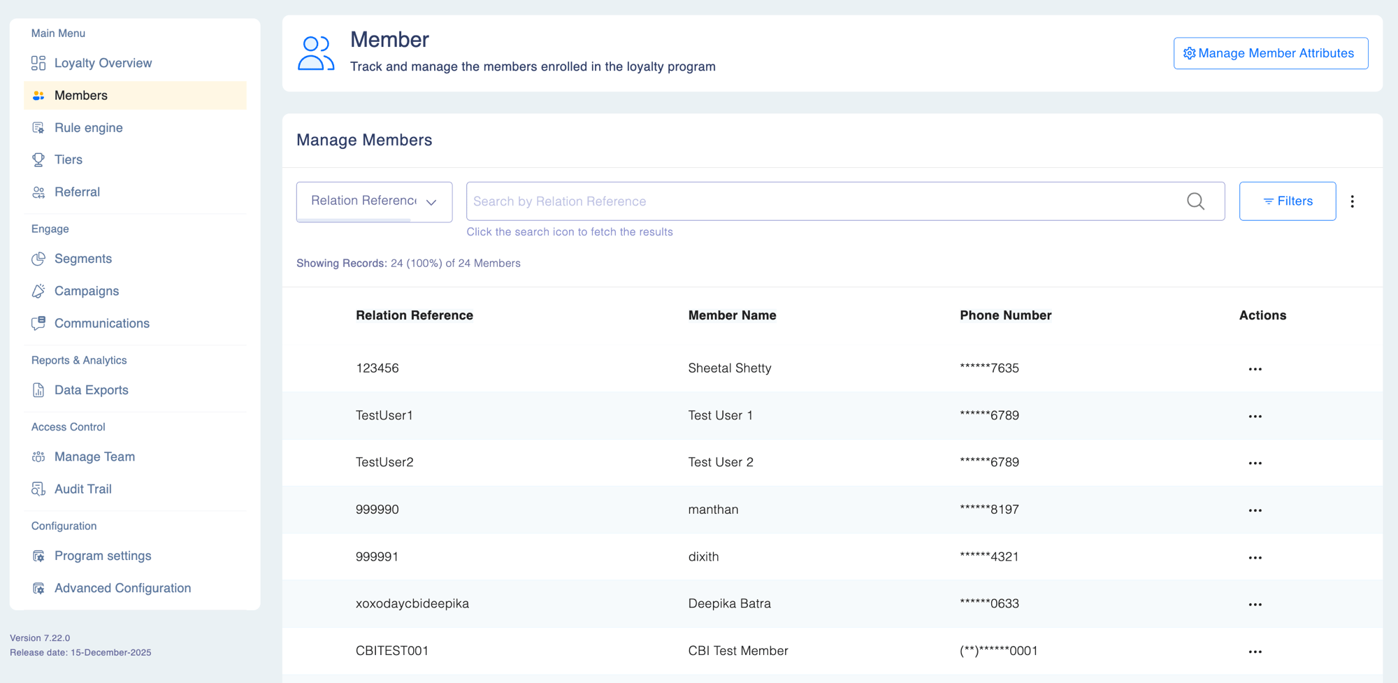 Manage Members screen listing enrolled members with Relation Reference, Member Name, Phone Number columns and a search bar with filter options