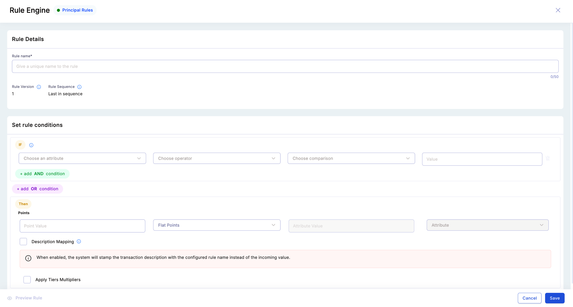 Add New Rule form showing Rule Details at the top (rule name, version, sequence), followed by Set Rule Conditions with IF attribute/operator/value dropdowns and AND/OR condition builders, and a THEN Points section with reward type selector