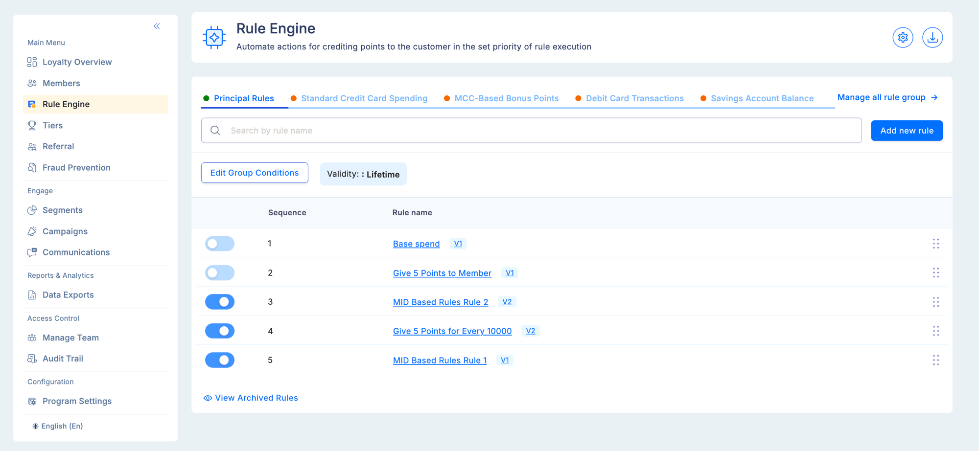 Rule Engine screen with rule groups shown as tabs at the top and individual rules listed in sequence order within the selected group, with toggle controls to activate or deactivate each rule