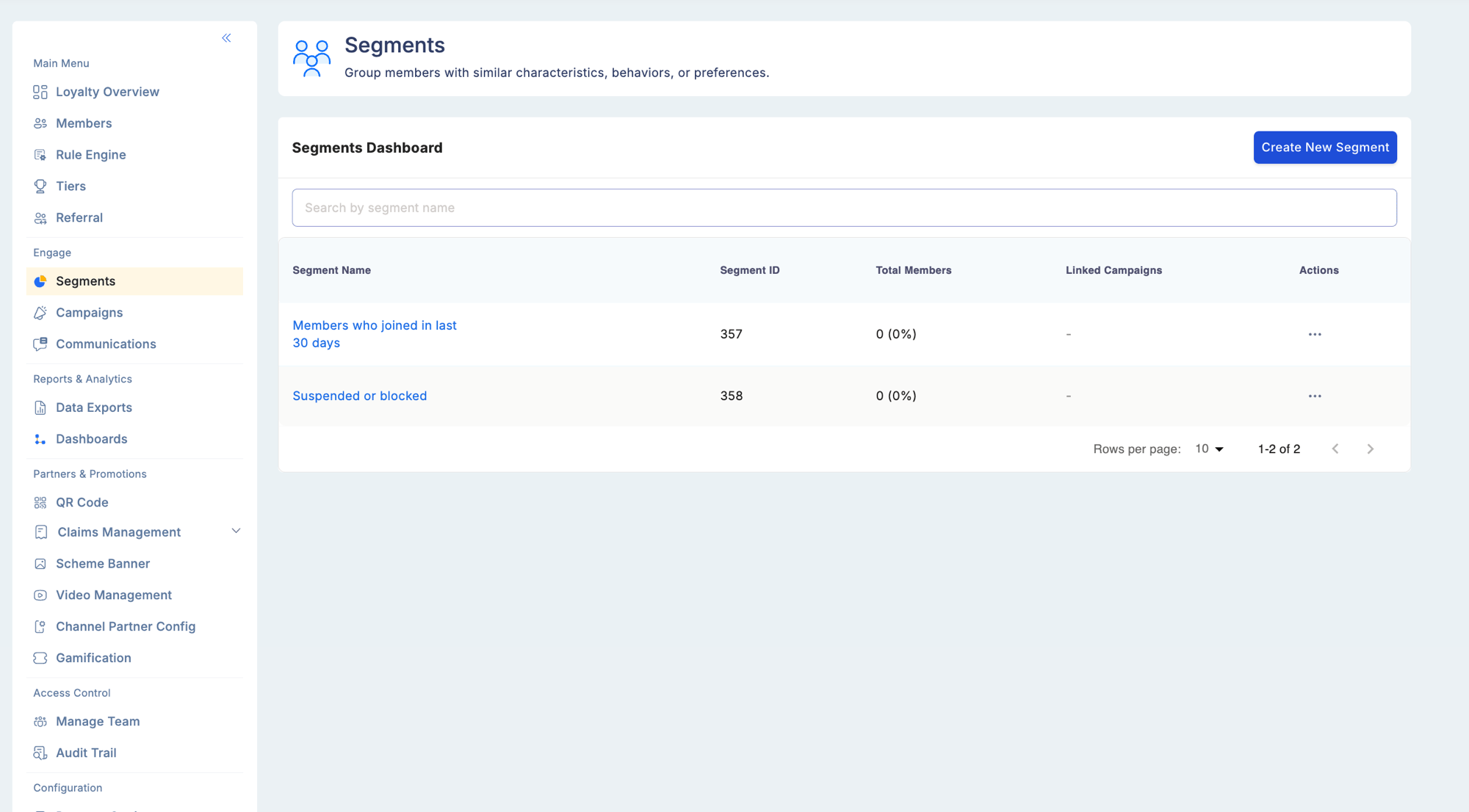 Segments Dashboard listing all segments with Segment Name, Segment ID, Total Members, Linked Campaigns columns and a Create New Segment button