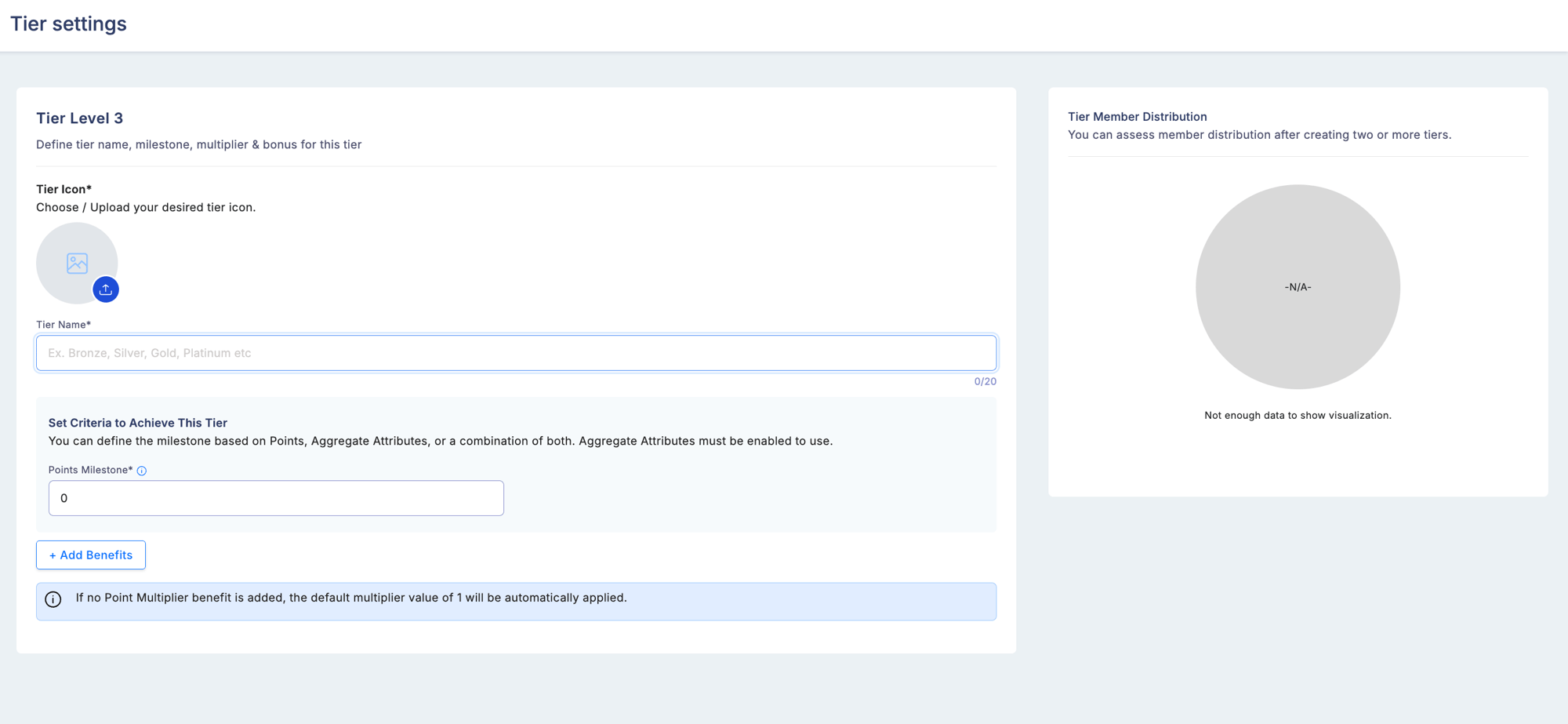 Tier settings form showing Tier Icon upload, Tier Name field, Set Criteria section with Points Milestone input, Add Benefits button, and a Tier Member Distribution chart on the right