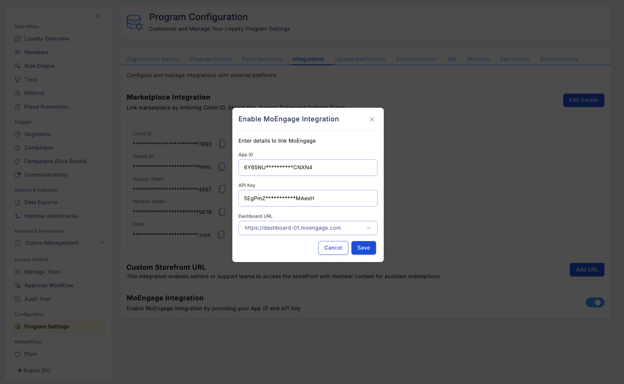Enable MoEngage Integration modal with App ID, API Key, and Dashboard URL fields