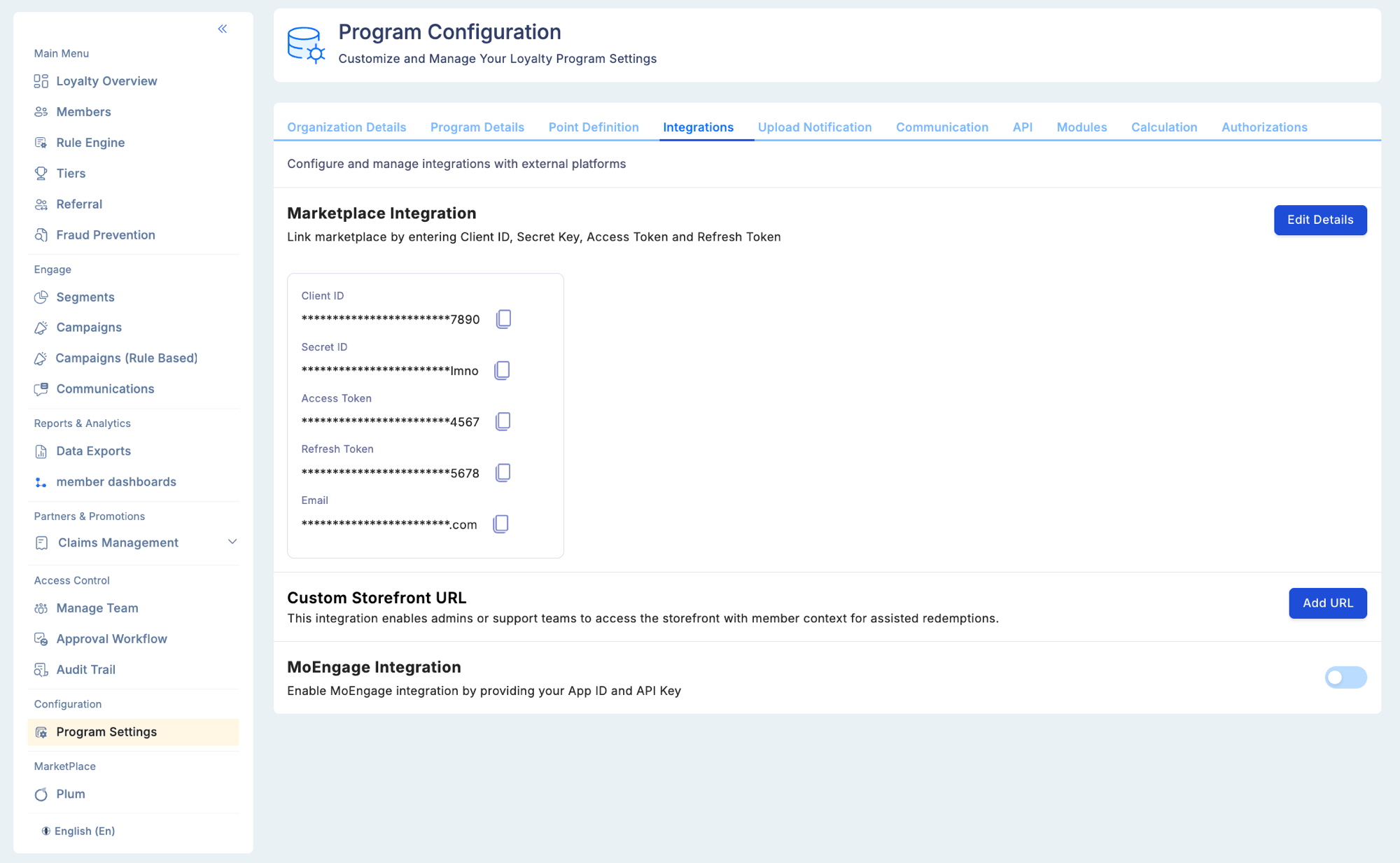 Program Configuration Integrations tab showing the MoEngage Integration section at the bottom with the toggle