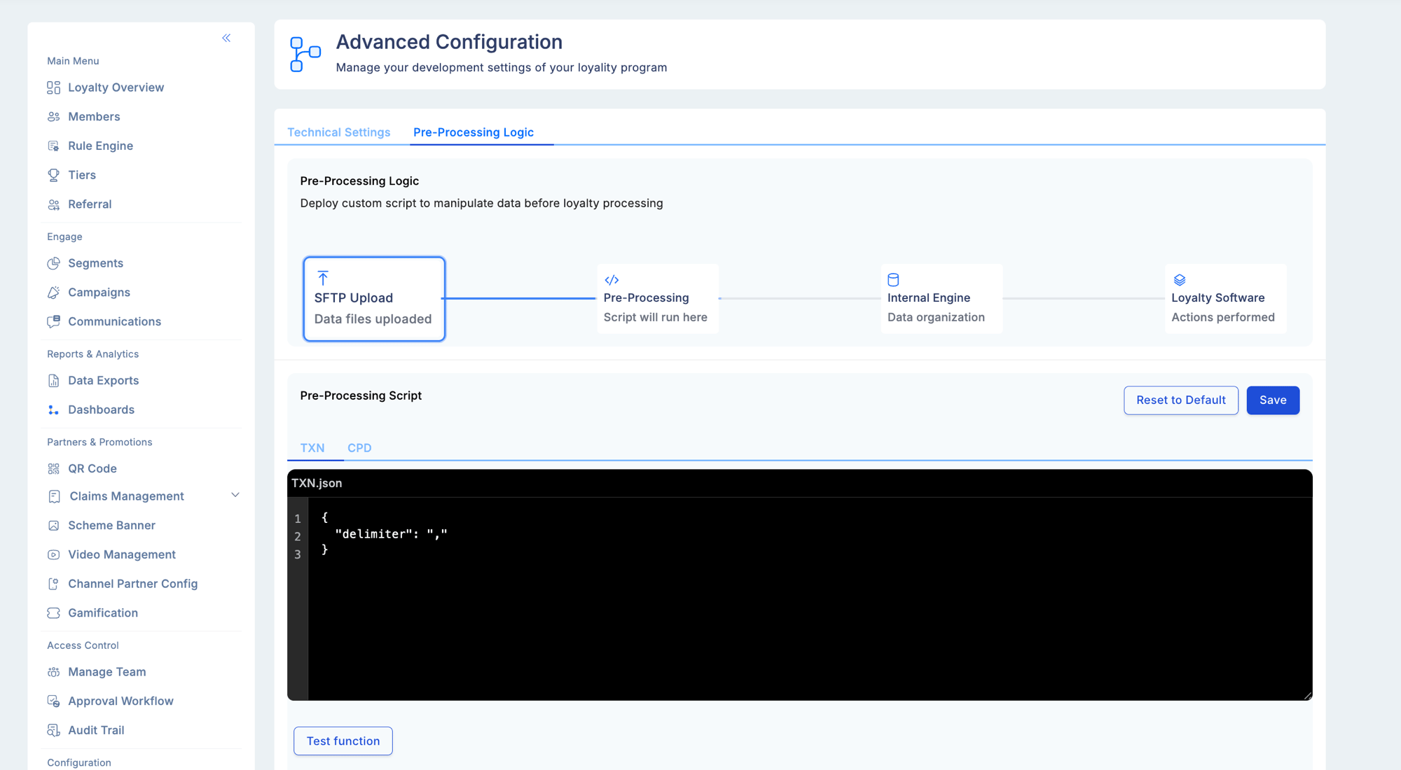 Advanced Configuration — Pre-Processing Logic tab showing the pipeline diagram (SFTP Upload → Pre-Processing → Internal Engine → Loyalty Software) and a Pre-Processing Script editor with TXN and CPD tabs, a code editor panel, and Reset to Default / Save buttons