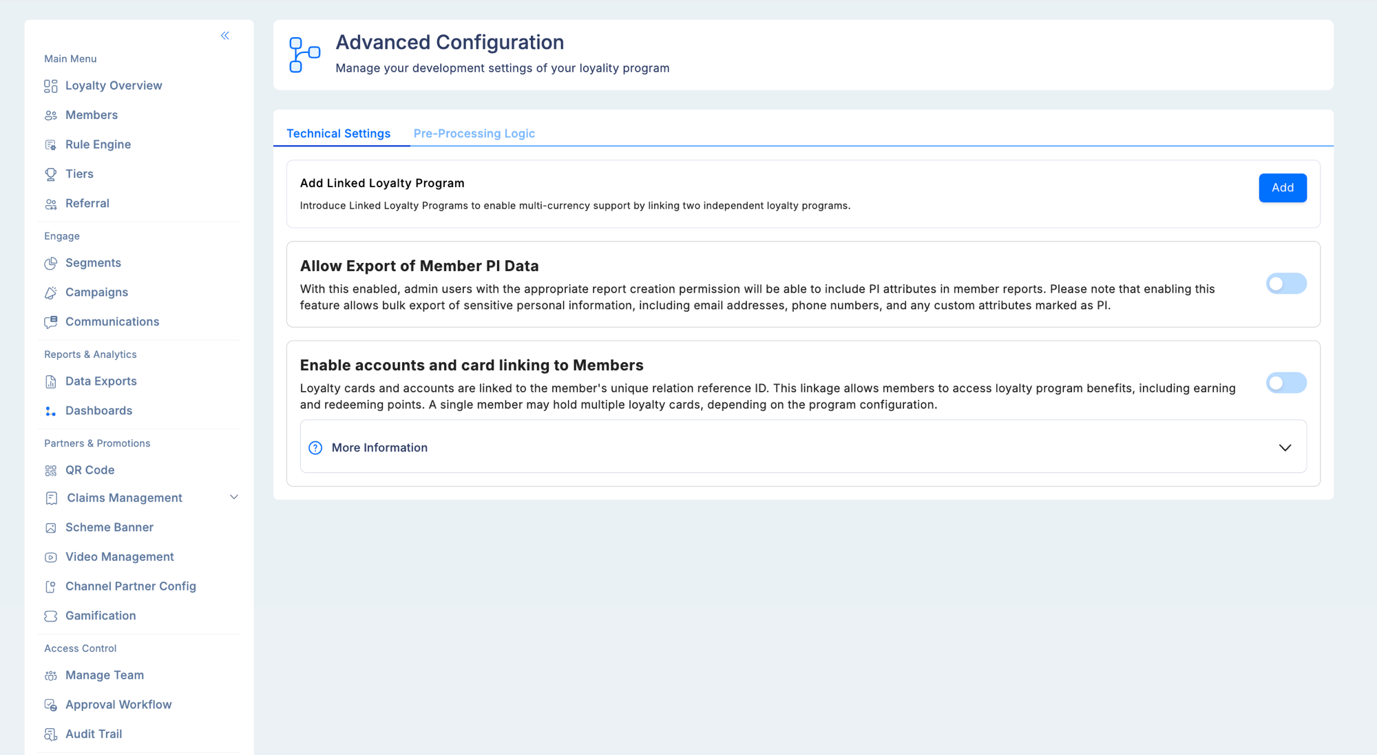 Advanced Configuration — Technical Settings tab showing Add Linked Loyalty Program section, Allow Export of Member PI Data toggle with description, and Enable accounts and card linking to Members toggle with expandable More Information section