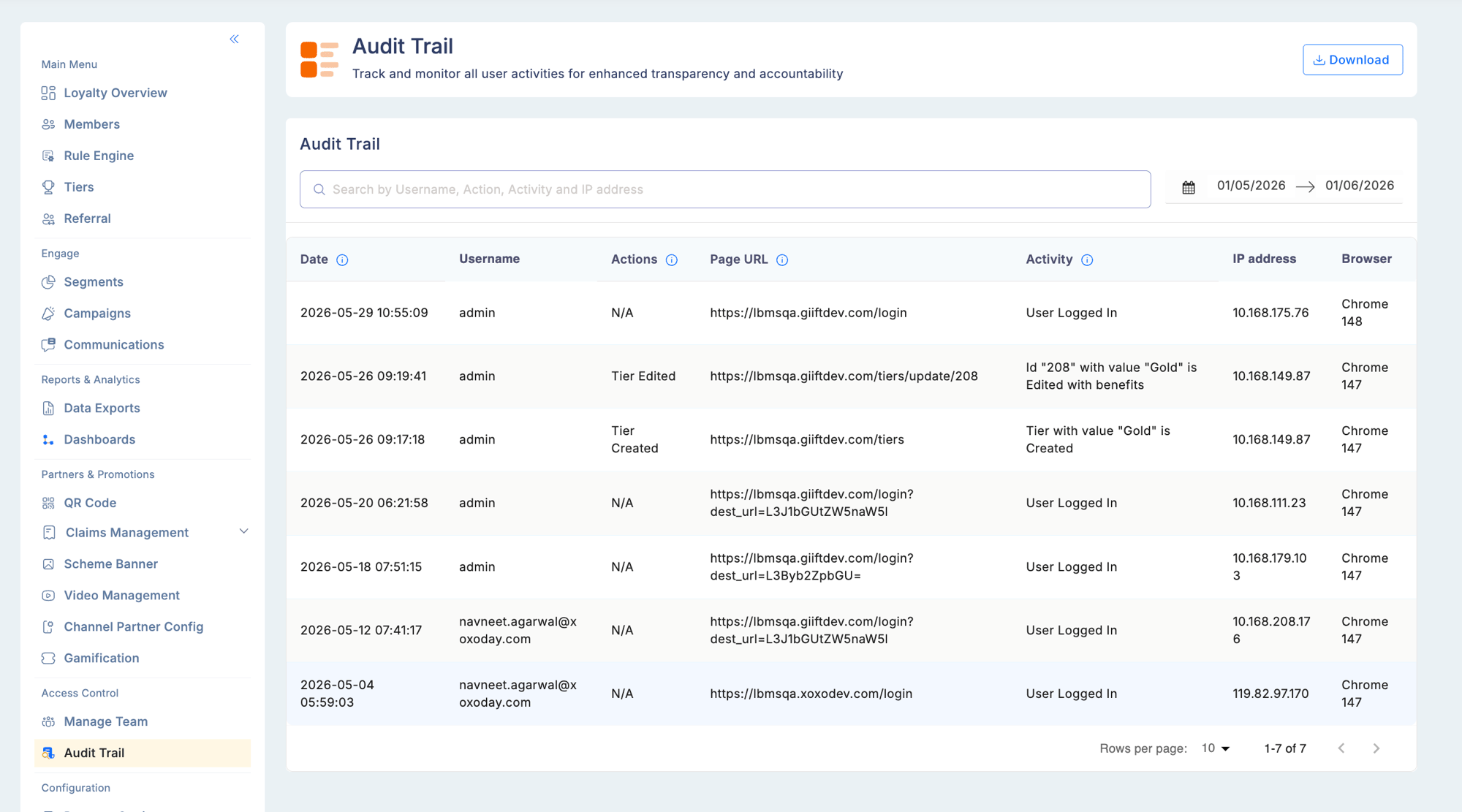 Audit Trail screen showing a searchable log with Date, Username, Actions (e.g., Tier Edited, Tier Created), Page URL, Activity description, IP address, and Browser columns, with date range filter and Download button