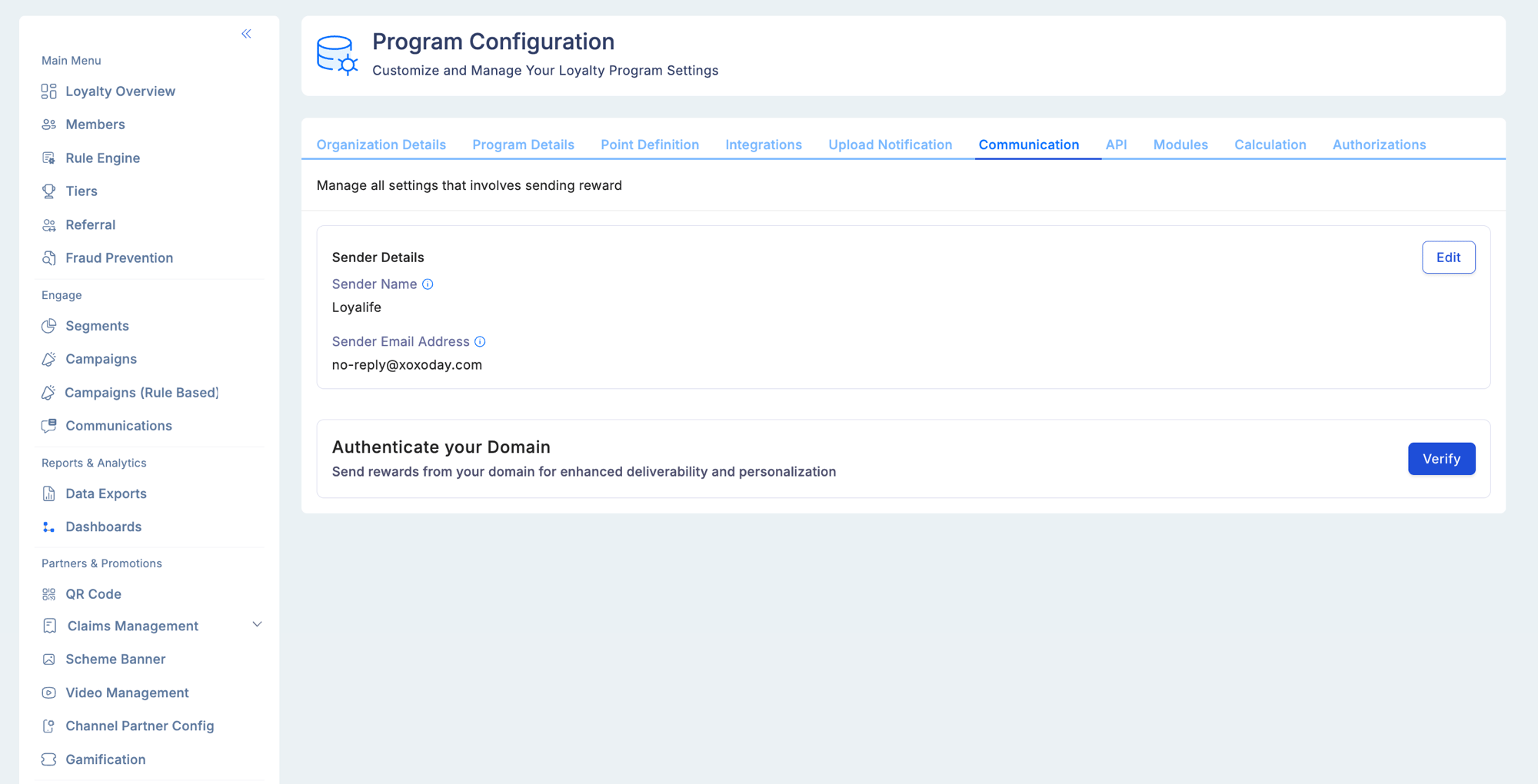 Program Configuration — Communication tab showing Sender Details section with Sender Name and Sender Email Address fields, and an Authenticate your Domain section with a Verify button for enabling custom domain sending