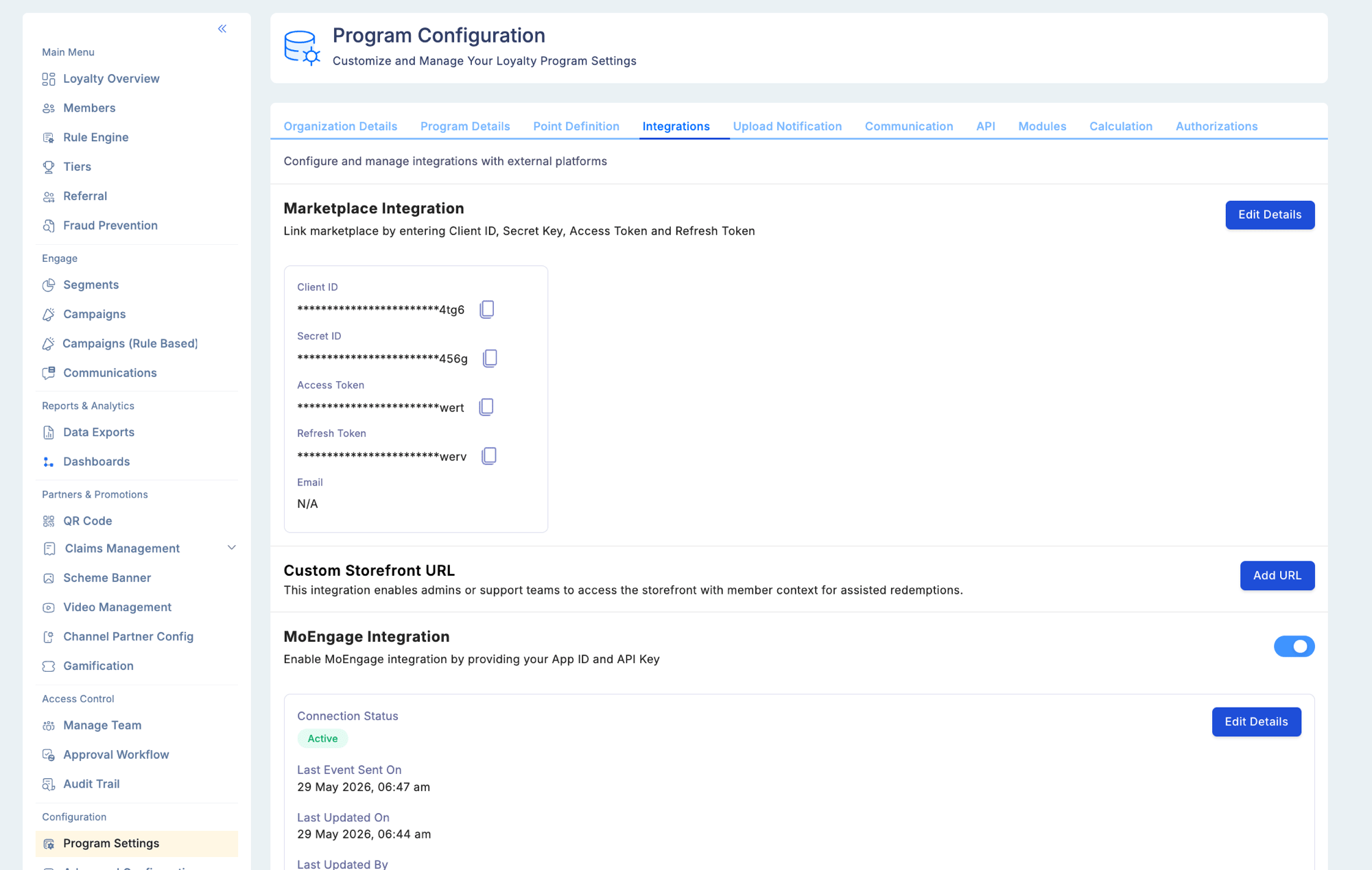 Program Configuration — Integrations tab showing Marketplace Integration section with masked Client ID, Secret ID, Access Token, and Refresh Token fields, Custom Storefront URL section, and MoEngage Integration section with Active connection status and last event details
