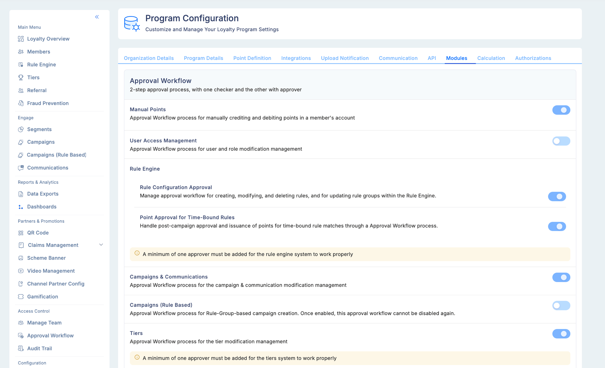 Program Configuration — Modules tab showing Approval Workflow section with toggles for Manual Points, User Access Management, Rule Configuration Approval, Point Approval for Time-Bound Rules, Campaigns and Communications, Campaigns (Rule Based), and Tiers modules