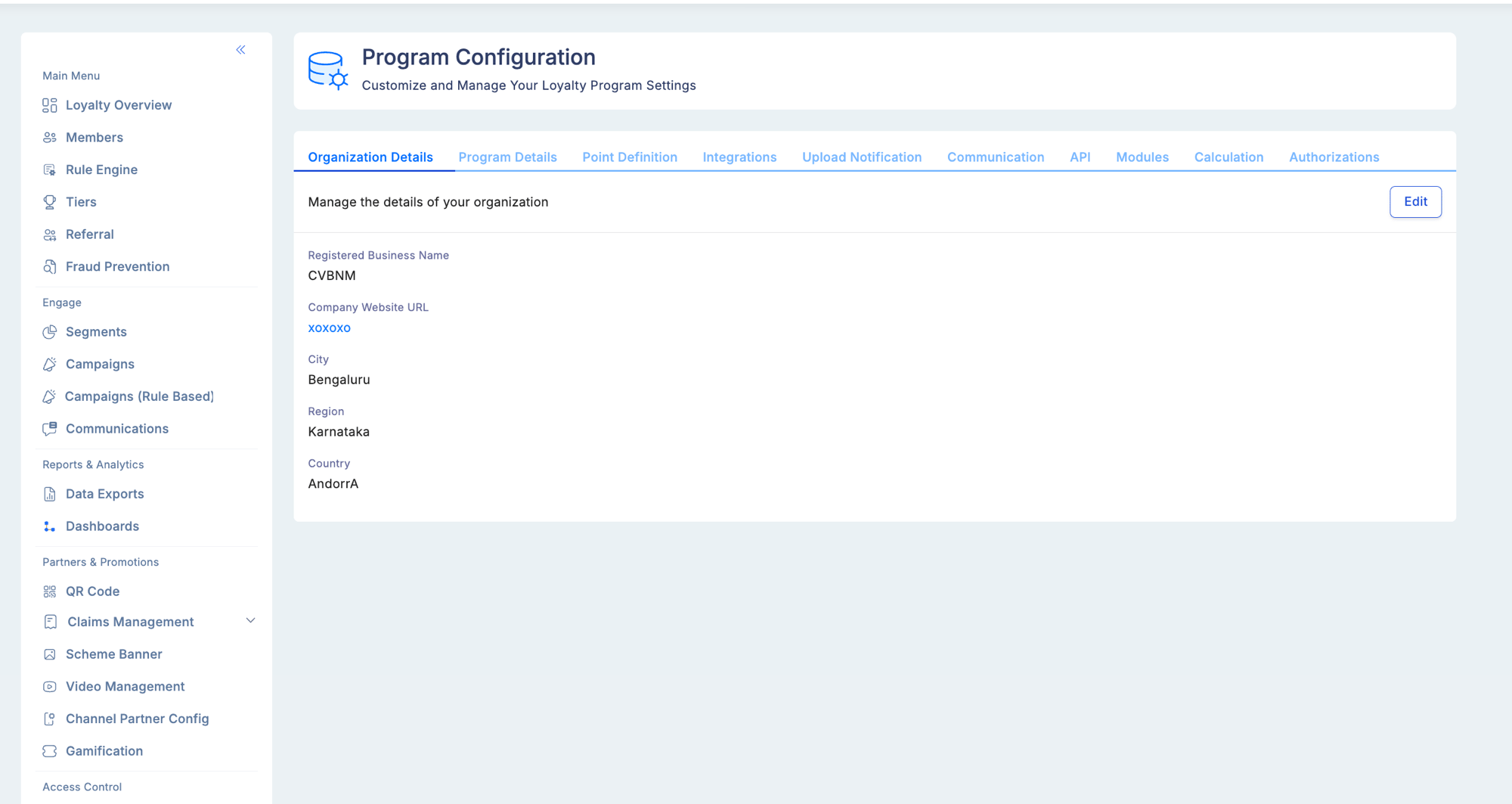 Program Configuration screen showing the Organization Details tab active with Registered Business Name, Company Website URL, City, Region, and Country fields and an Edit button