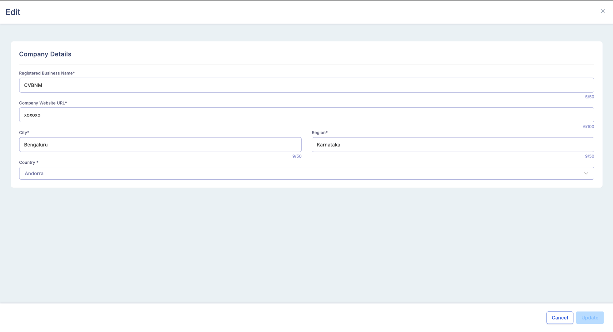 Edit Company Details modal with fields for Registered Business Name, Company Website URL, City, Region, and Country with character count indicators and Update / Cancel buttons