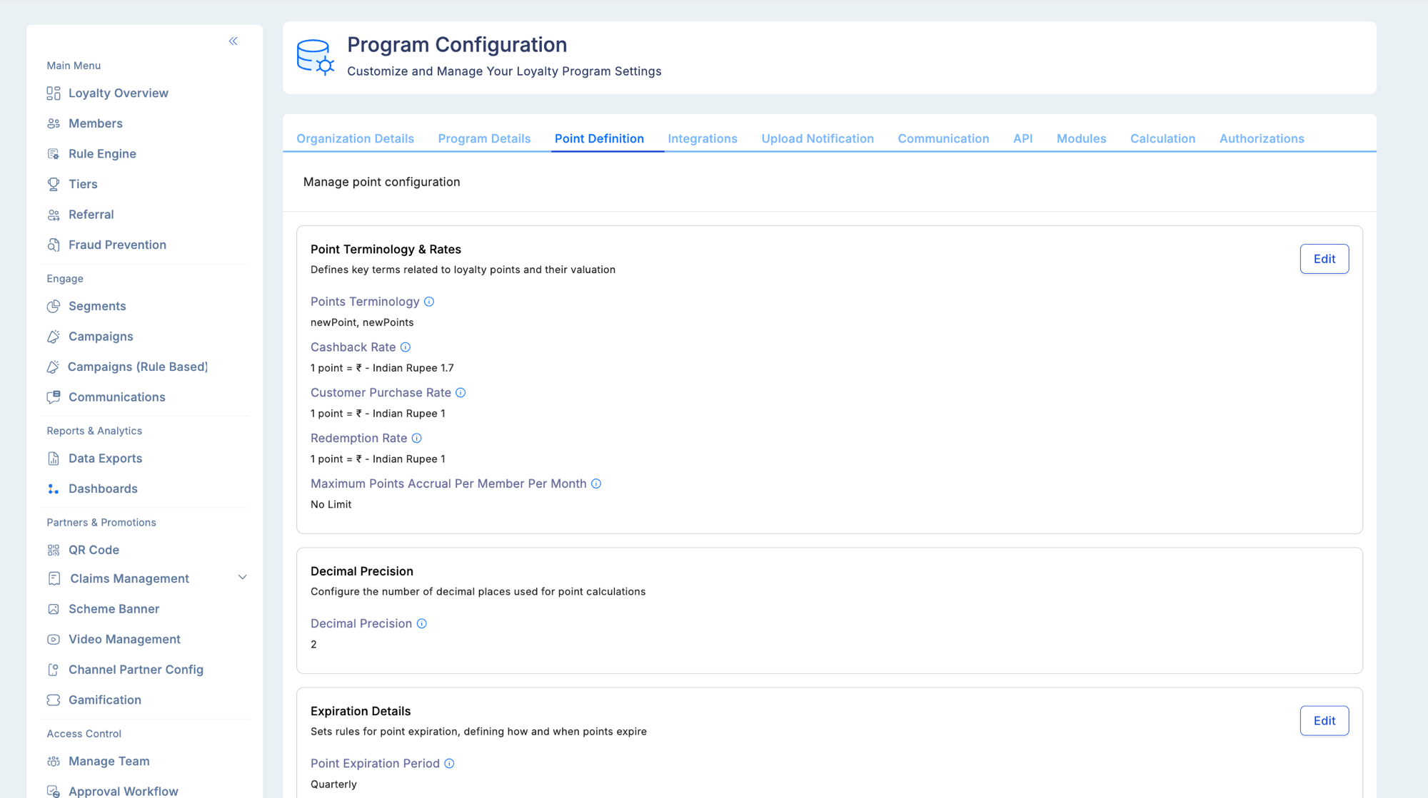 Program Configuration — Point Definition tab showing Point Terminology and Rates section (Points Terminology, Cashback Rate, Customer Purchase Rate, Redemption Rate, Maximum Points Accrual Per Member Per Month), Decimal Precision section, and Expiration Details section