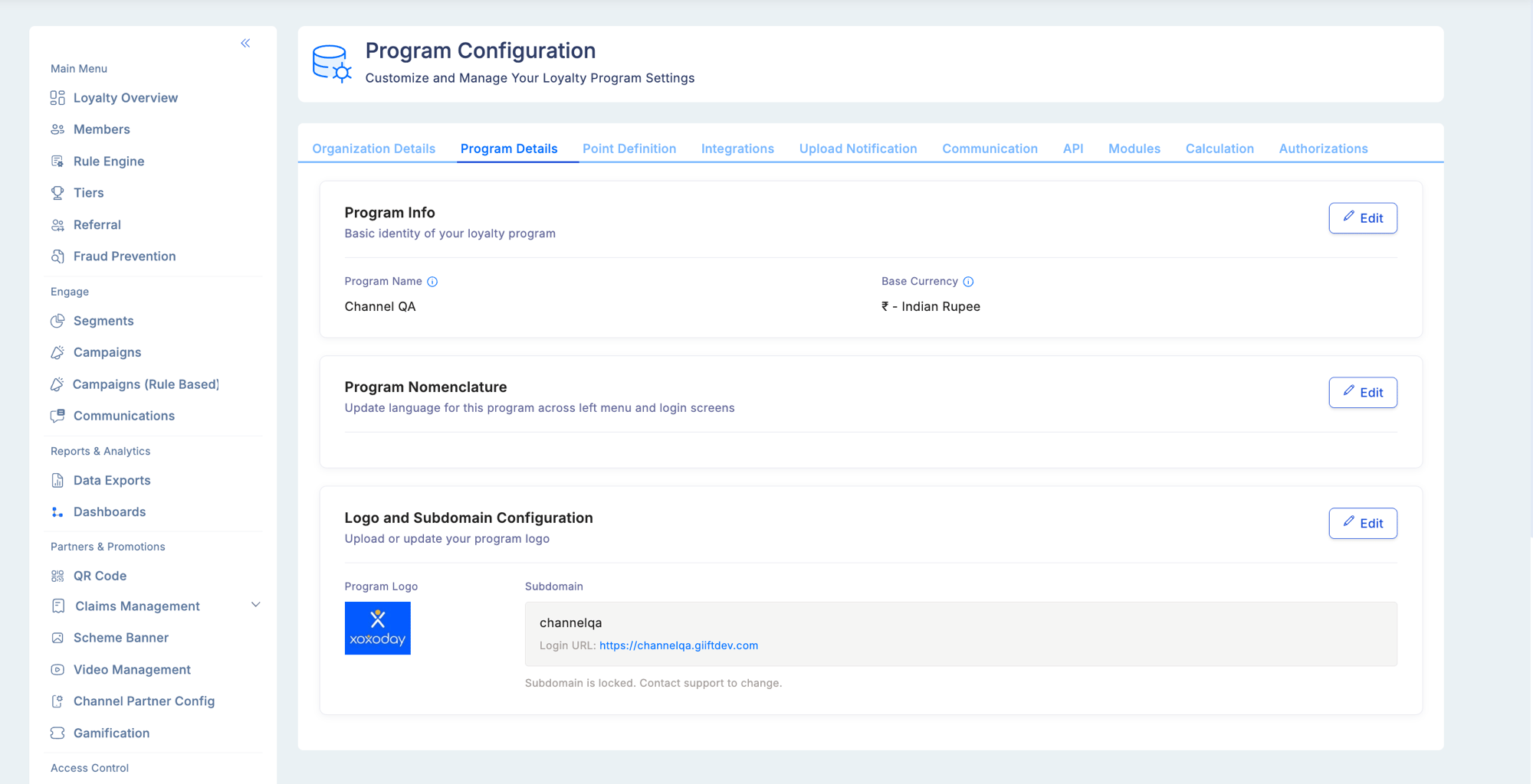 Program Configuration — Program Details tab showing Program Info section (Program Name, Base Currency), Program Nomenclature section, and Logo and Subdomain Configuration section with program logo upload and login URL subdomain field