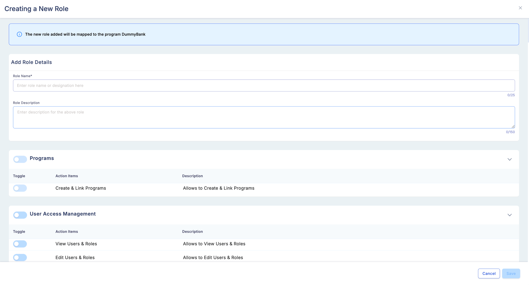 Creating a New Role modal showing Add Role Details section with Role Name and Role Description fields, followed by permission sections for Programs and User Access Management with individual toggle switches per action item
