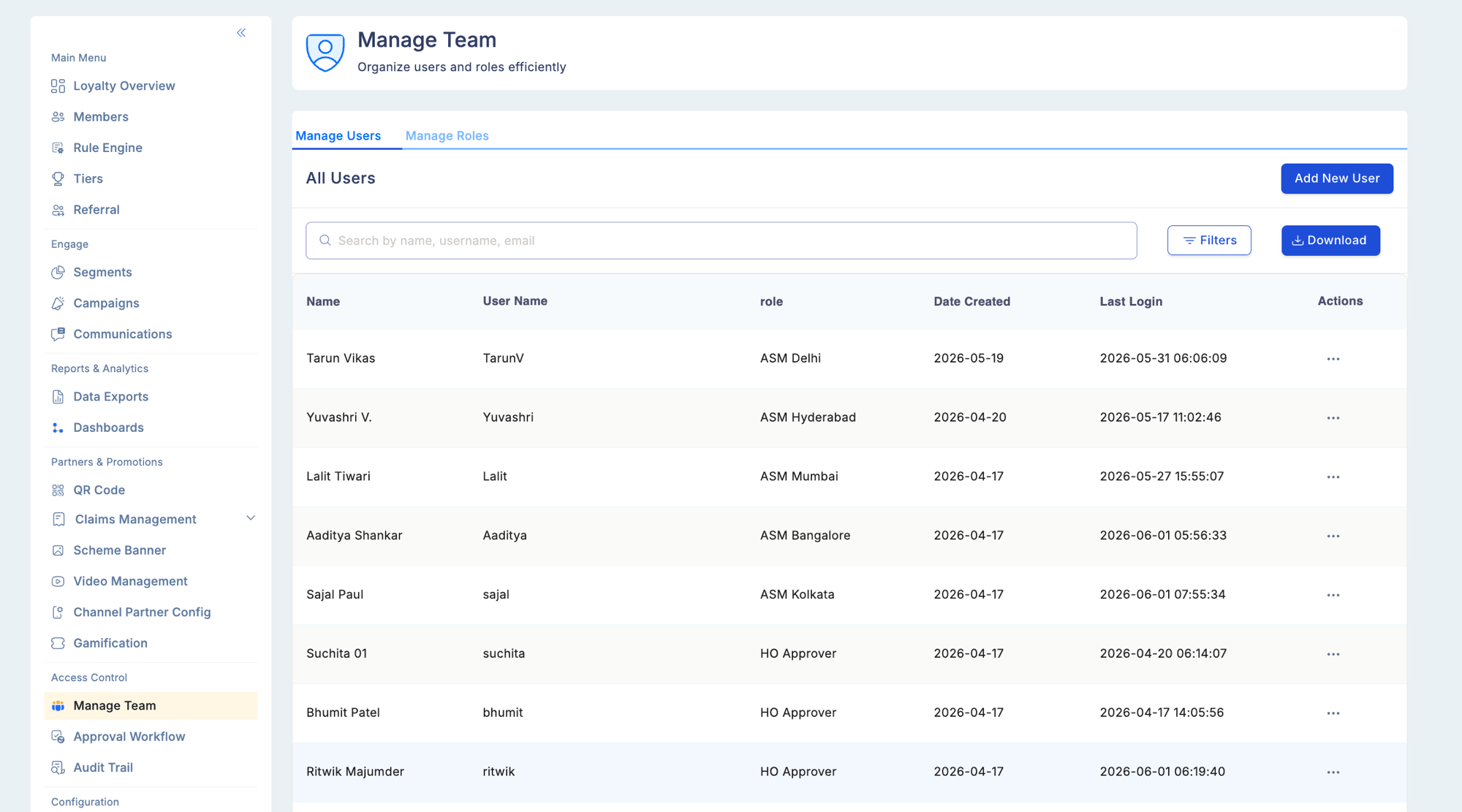 Manage Team — Manage Roles tab showing All Roles list with Role name, Access (X of 59 permissions), Number of Users, and Actions columns — displaying Customer Executive, Program Manager, Program Admin, and Super Admin roles