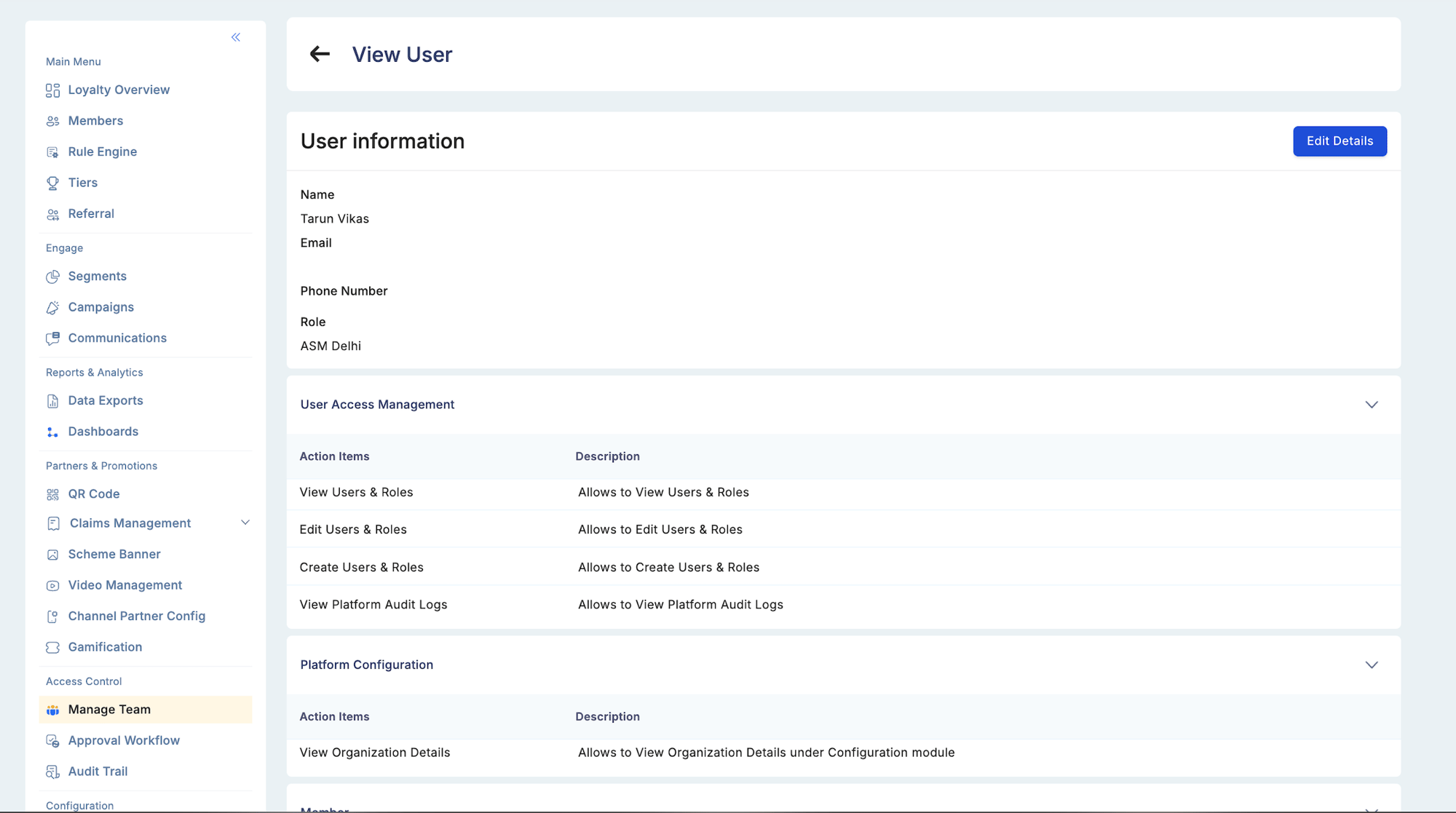 View User detail page showing User Information panel with Name, Email, Phone, and Role fields, followed by collapsible permission sections for User Access Management, Platform Configuration, and Member modules listing each granted action item