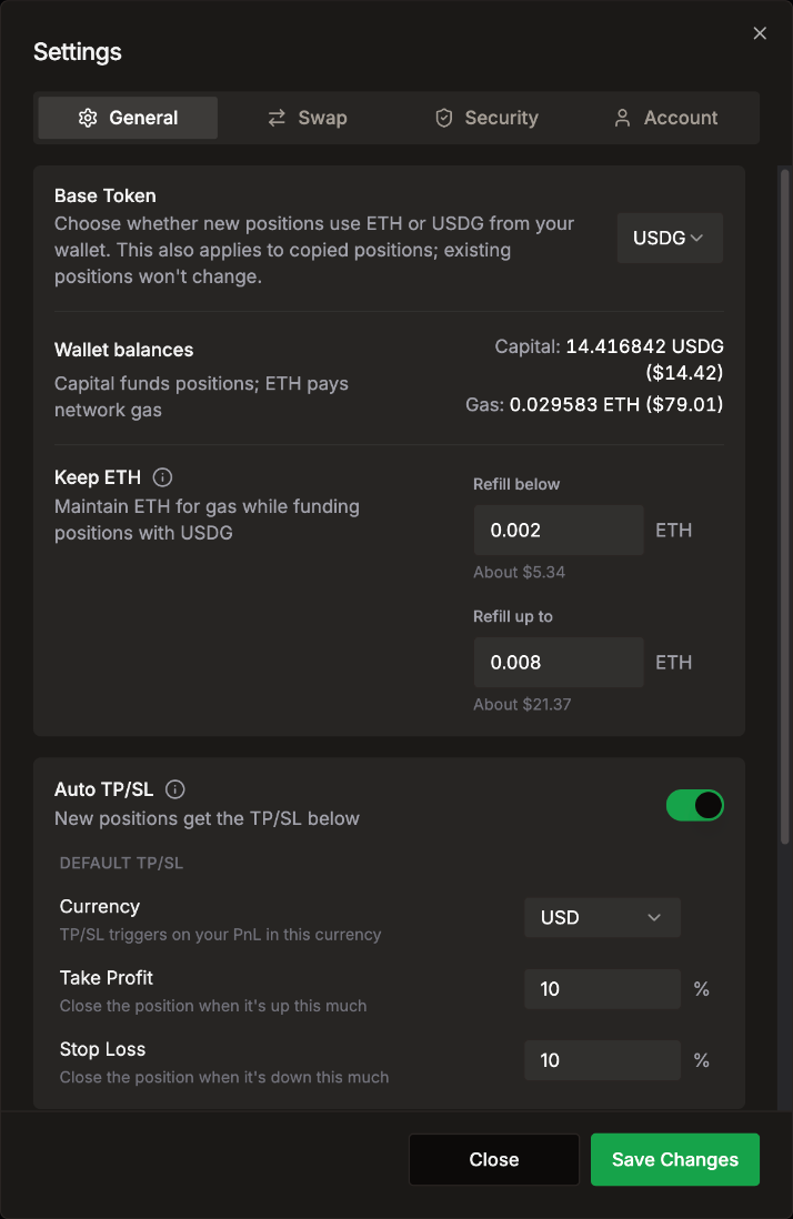 Settings General tab