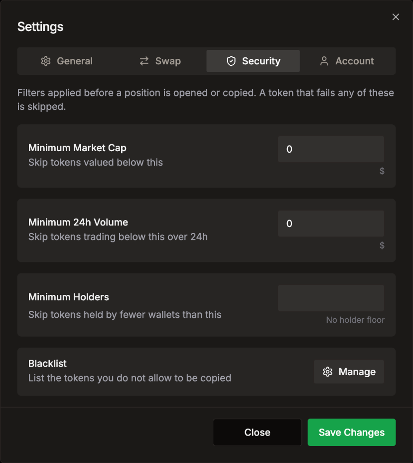 Settings Security tab