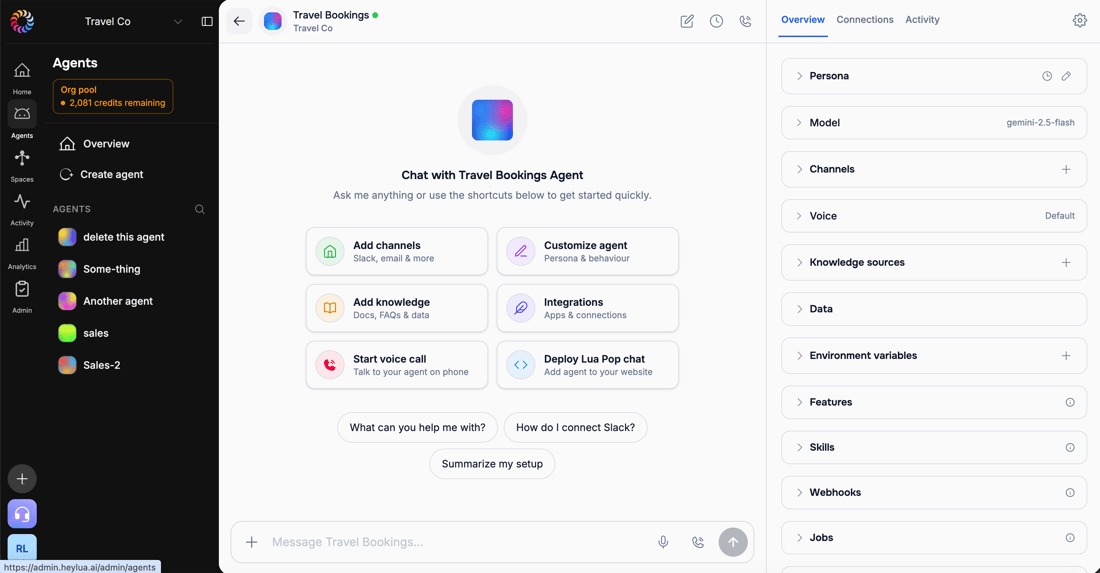 Agent overview with the Channels section