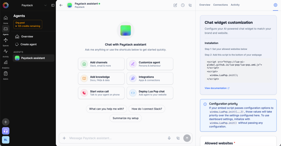 Chat widget customization panel
