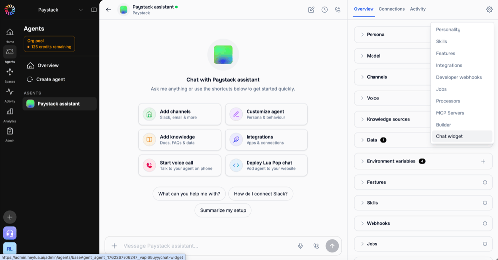Open Chat widget settings from the agent settings menu