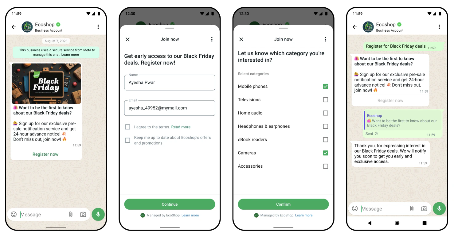 A WhatsApp Flow: the message with a CTA button, the multi-screen form, and the confirmation