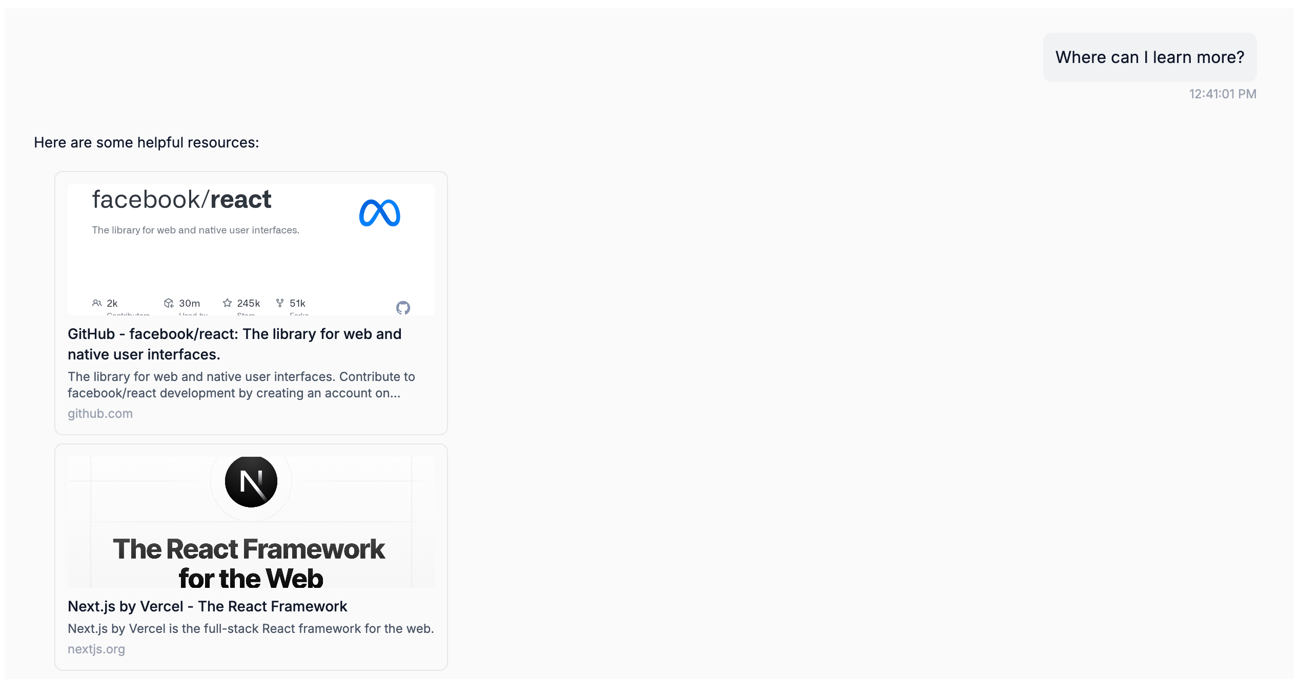 Link preview cards rendered in the Lua Pop web widget