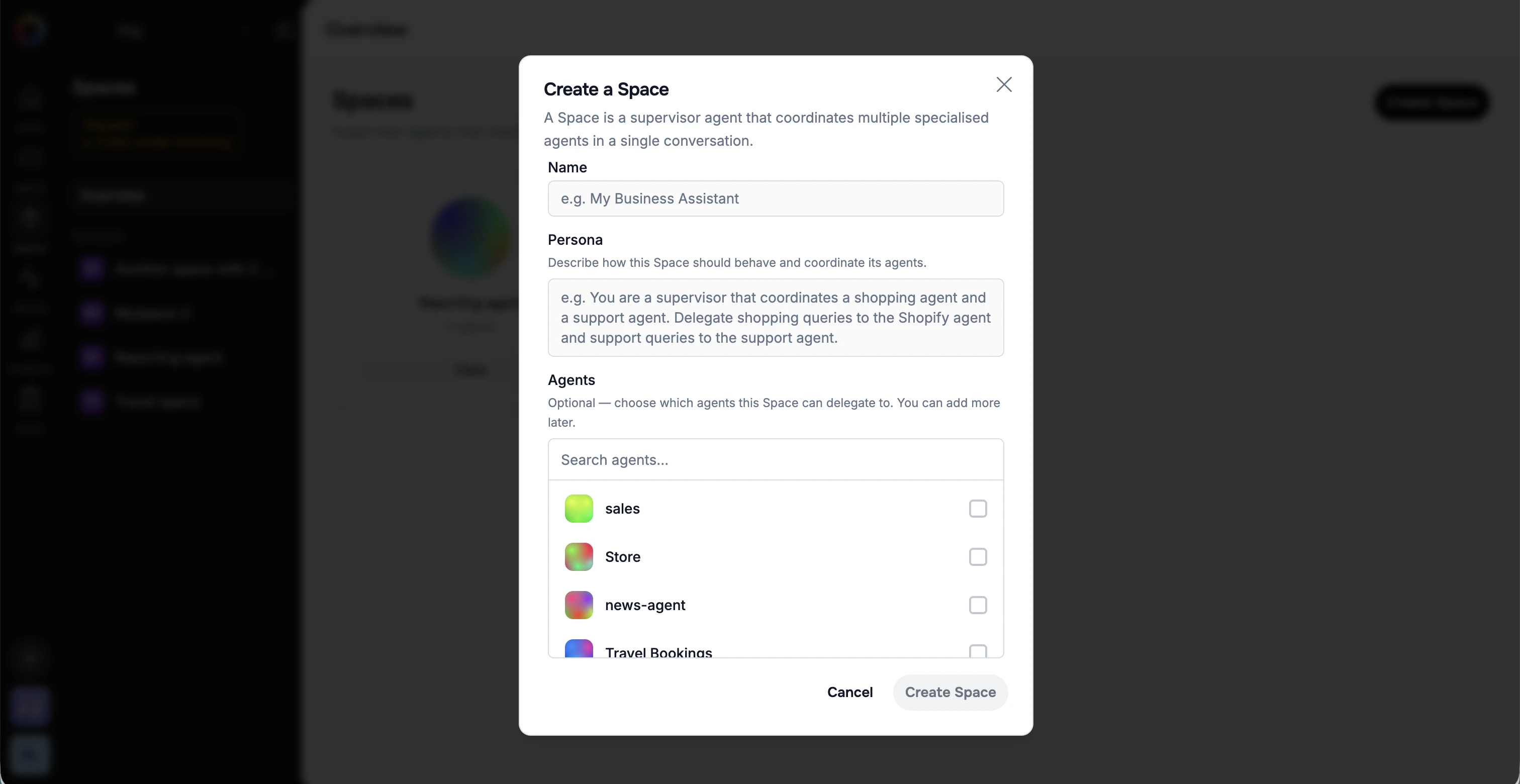 The Create a Space dialog