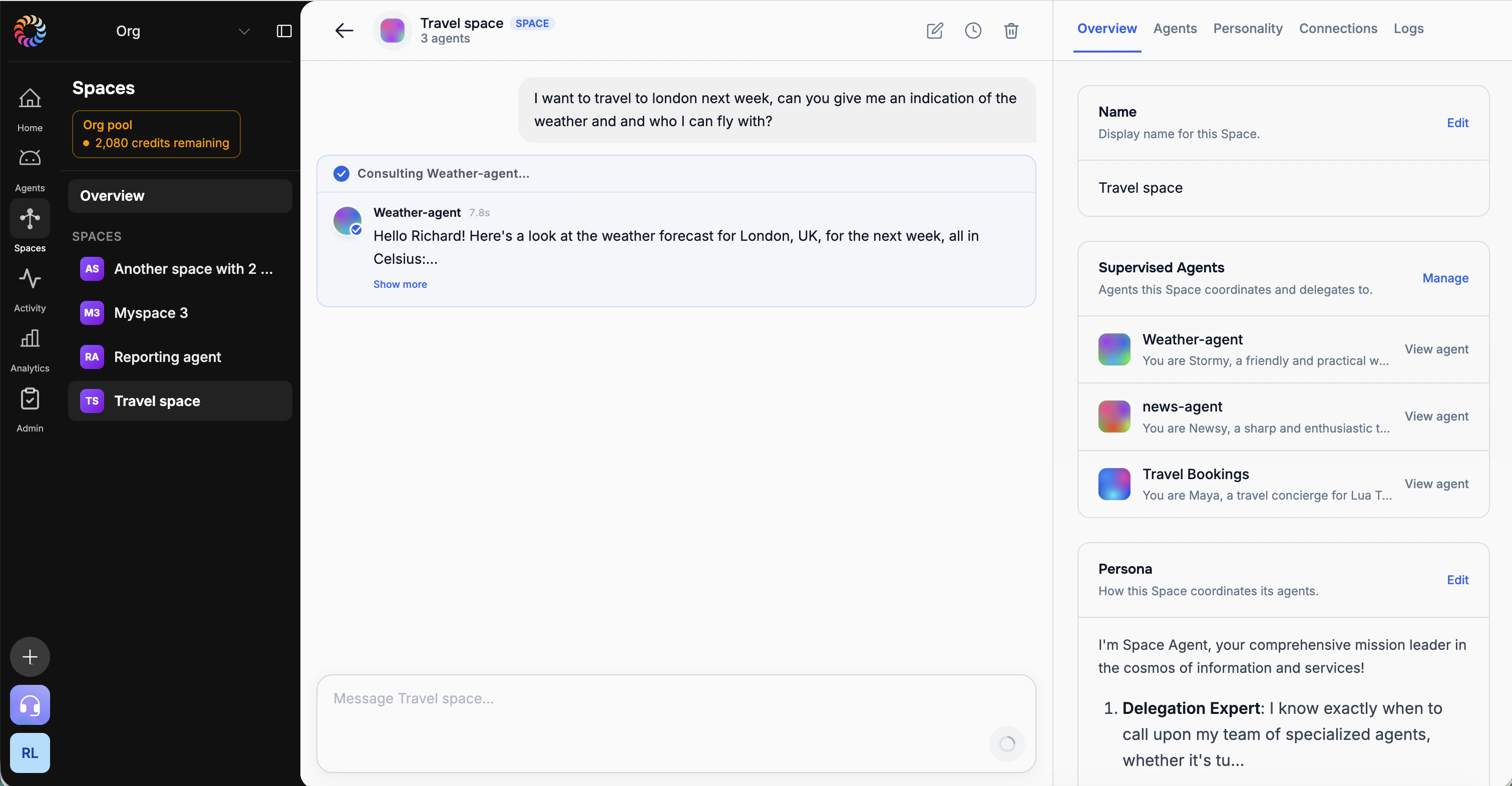 A Space delegating a travel request to its Weather-agent
