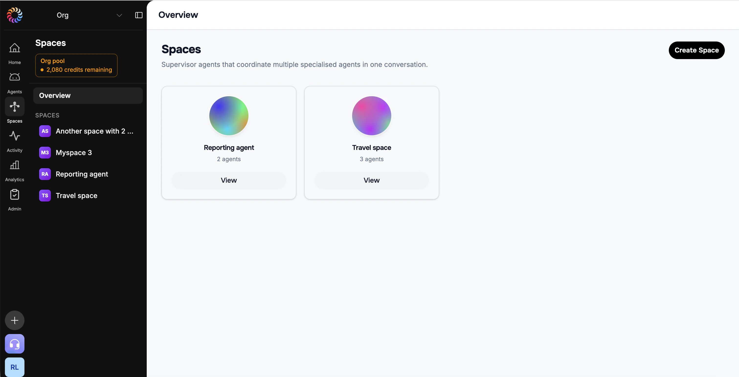 Spaces overview in the admin dashboard