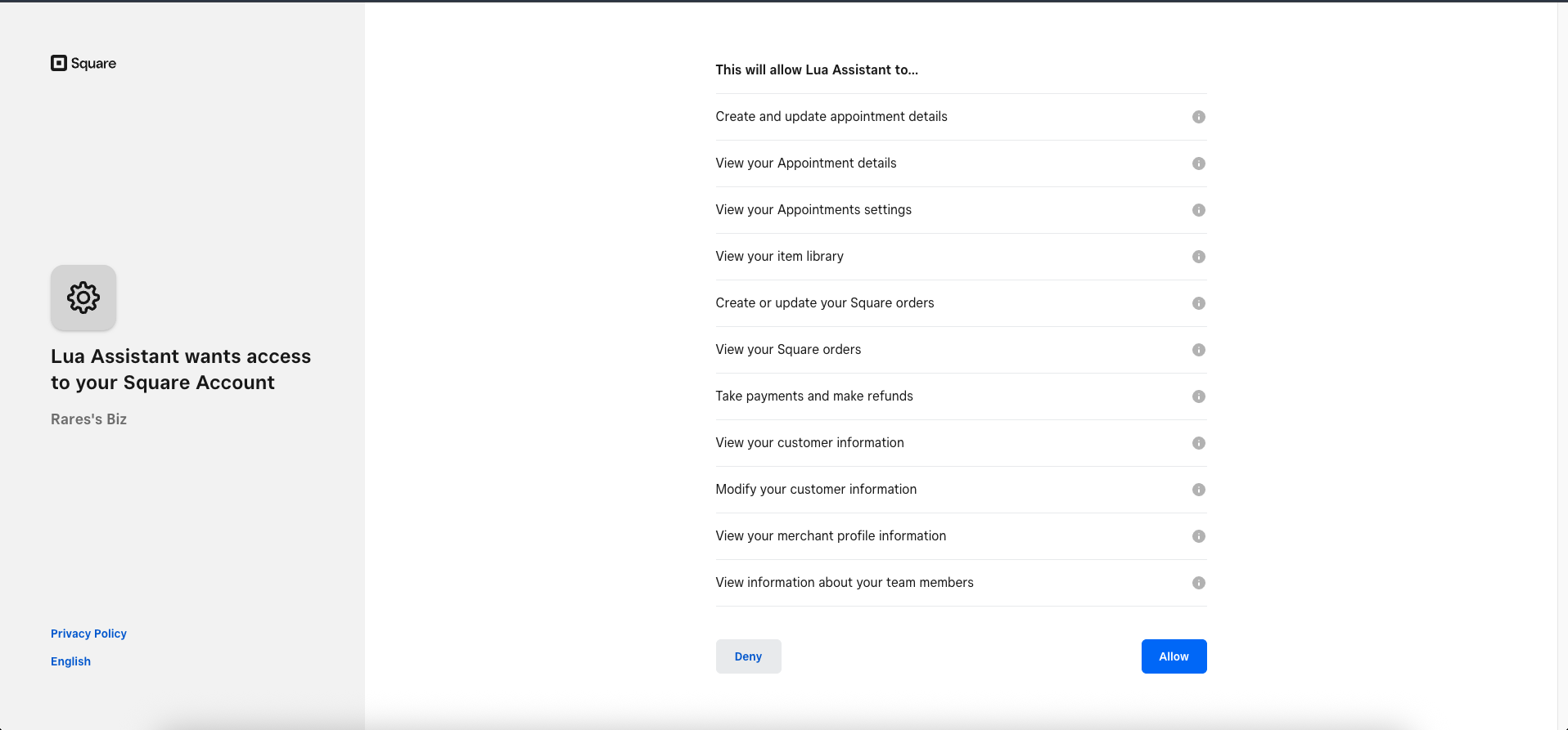 Square permissions screen