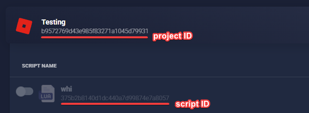 The Luarmor dashboard with the ids underlined in red
