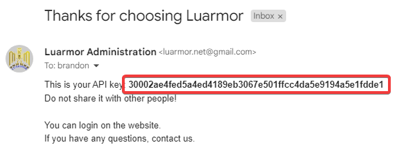 An email from Luarmor, showing the API key