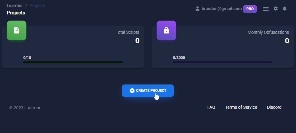 An image showing the Luarmor dashboard with the mouse over the `Create Project` button