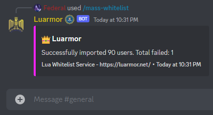 An image showing the result of the mass whitelist command in Discord