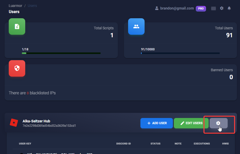 The gear icon highlighted next to the project on the user dashboard
