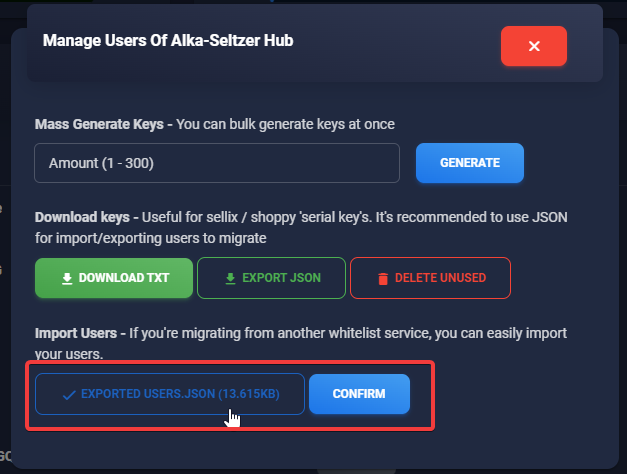 The import JSON button highlighted