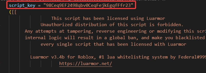A downloaded script with the user's script_key set on the first line, above the Luarmor licence header