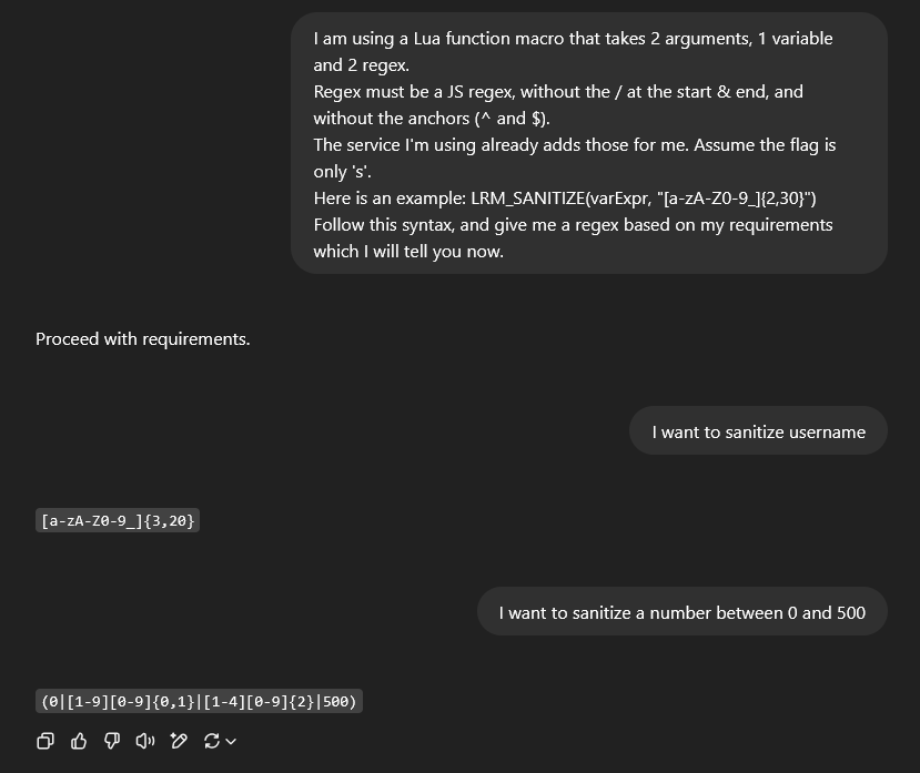 ChatGPT replying with regex patterns for a username and for a number between 0 and 500